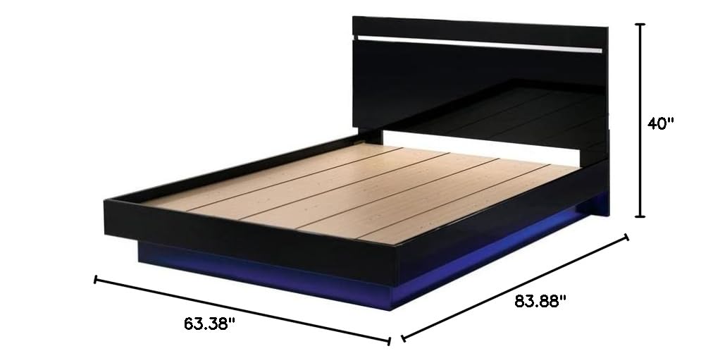 Furniture of America Malva Solid Wood Queen Bed with LED Lights - Modern Black Wooden Bed Frame for Bedroom, Home Decor & Nighttime Ambience