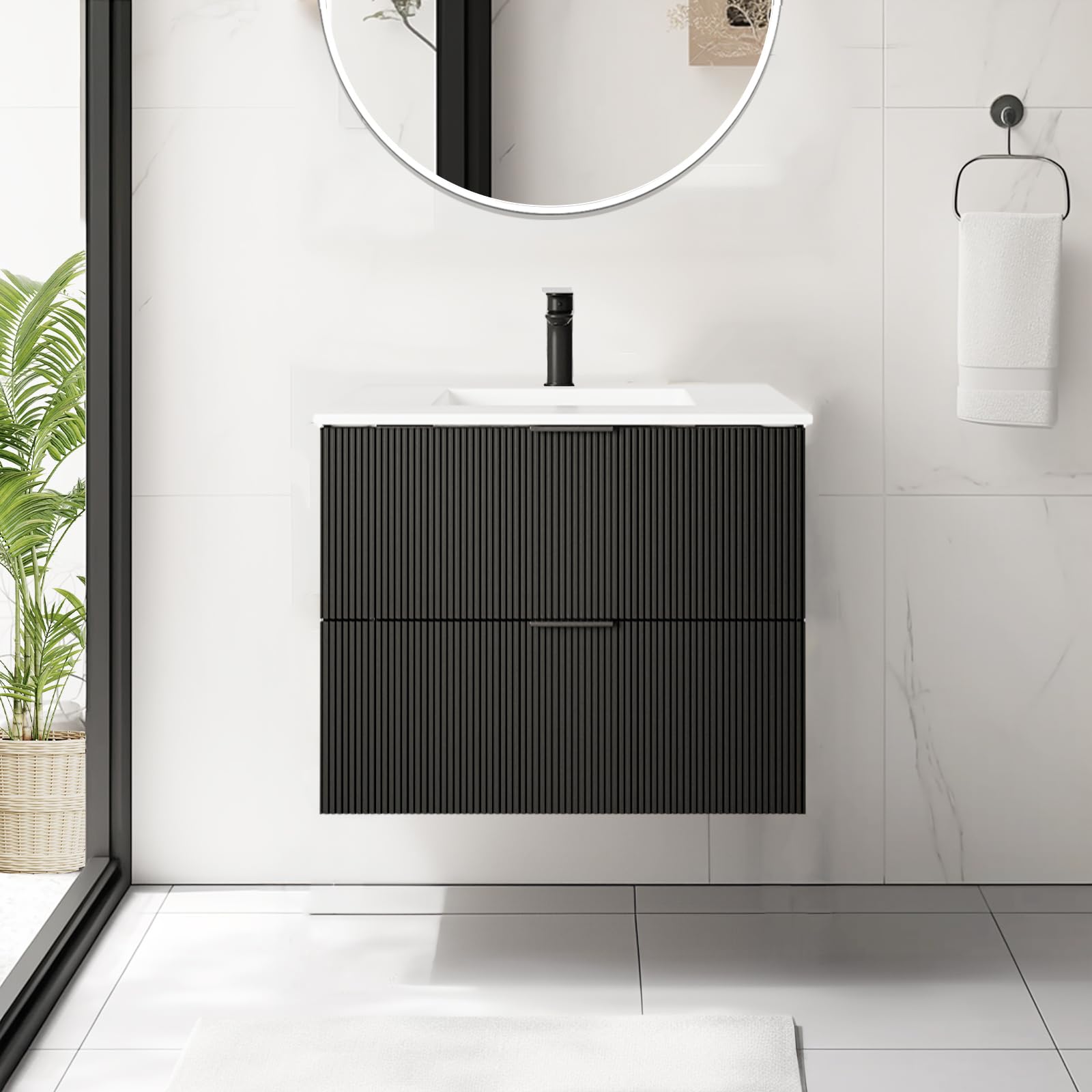 24 Inch Modern Bathroom Vanity with Black Ceramic Sink - Floating Wall Mounted Fluted Design & Storage Drawers - Perfect for Small Bathrooms, Powder Rooms & Contemporary Home Decor