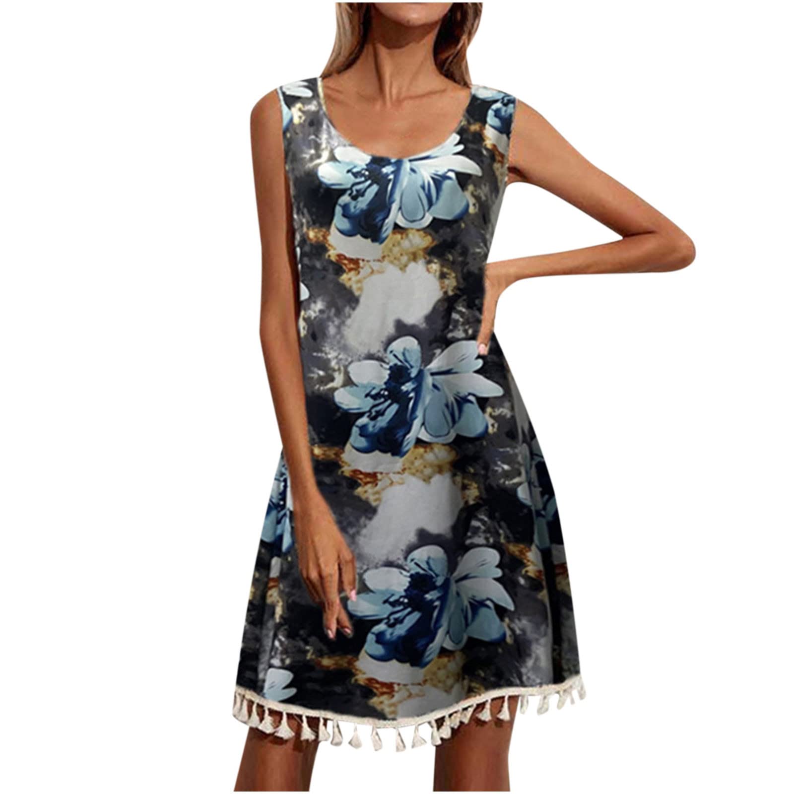 Women's Floral Print Sleeveless A-Line Summer Dress - Round Neck Knee-Length Beach Dress with Tassel Detail | Perfect for Casual Outings, Vacations & Summer Parties