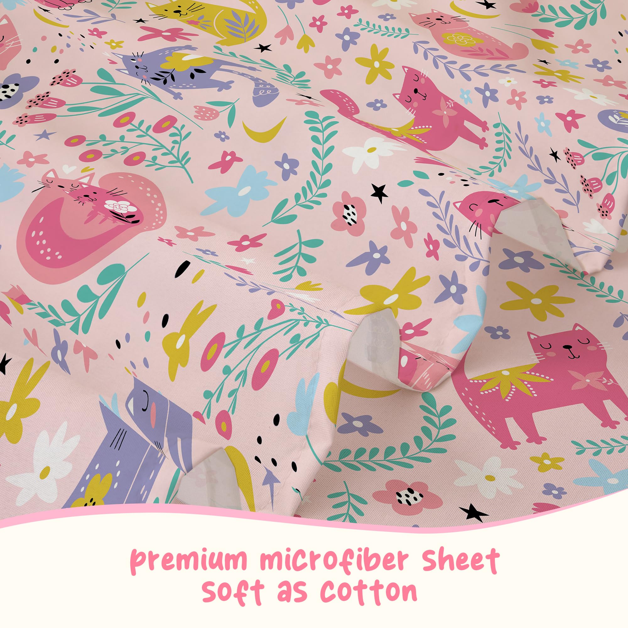 Cute Pink Cat Twin Sheets for Girls - Soft Microfiber Bedding Set with Pillowcases & Corner Straps - Perfect for Kids' Room Decor and Cozy Sleep