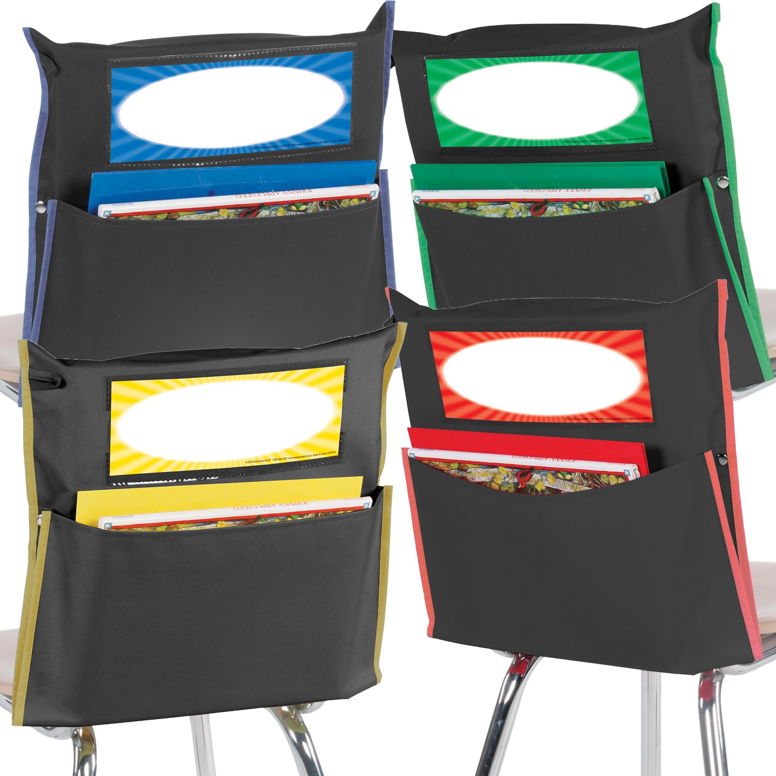 Really Good Stuff Store More Black Grouping Chair Pockets with 4-Color Piping - Set of 32 - Perfect for Classroom Organization, Home Schooling & Daycare Storage