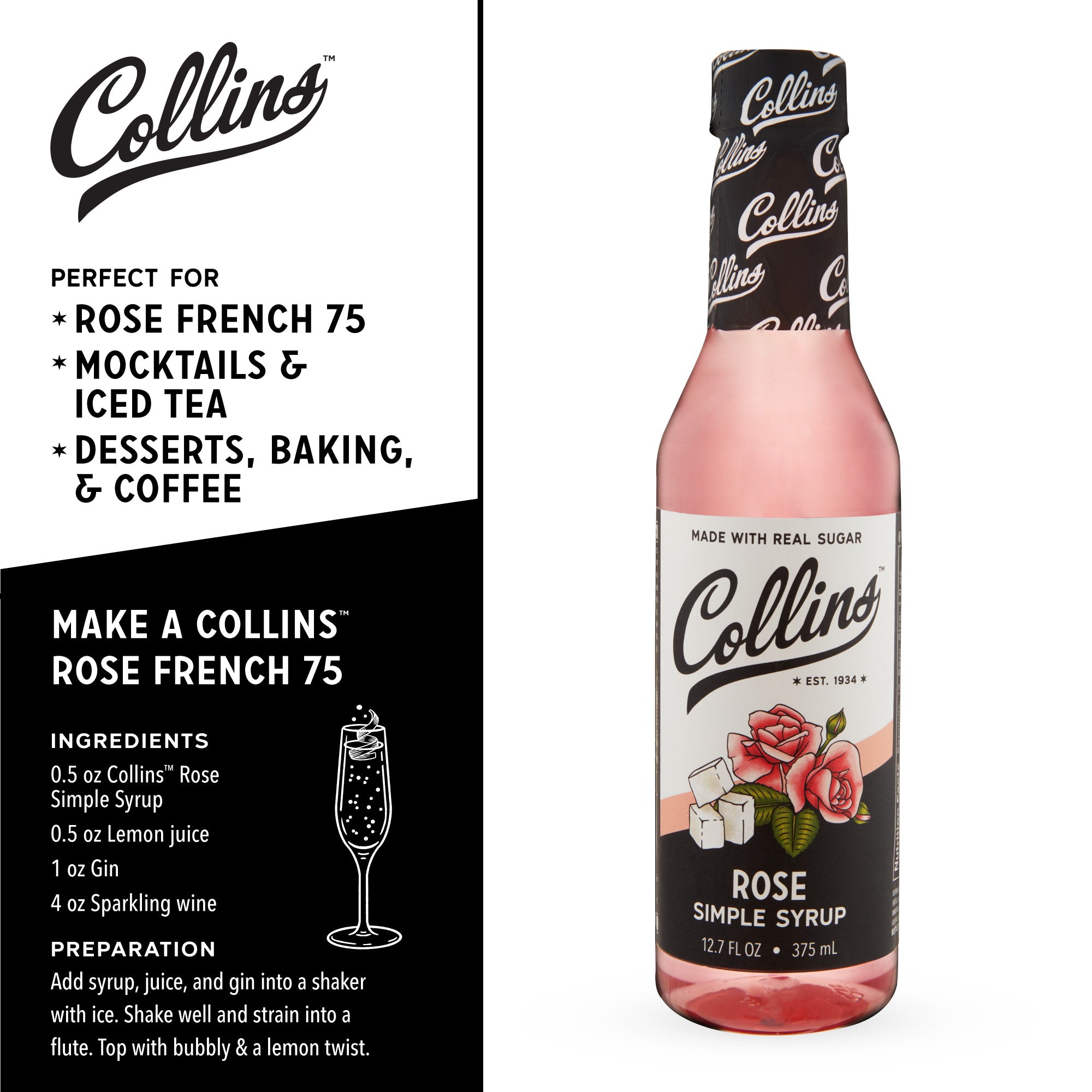 Organic Rose Simple Syrup 12.7 oz (375ml) - Floral Cocktail Mixer, Dessert Topping & Tea Sweetener for Baking, Coffee & Mocktails