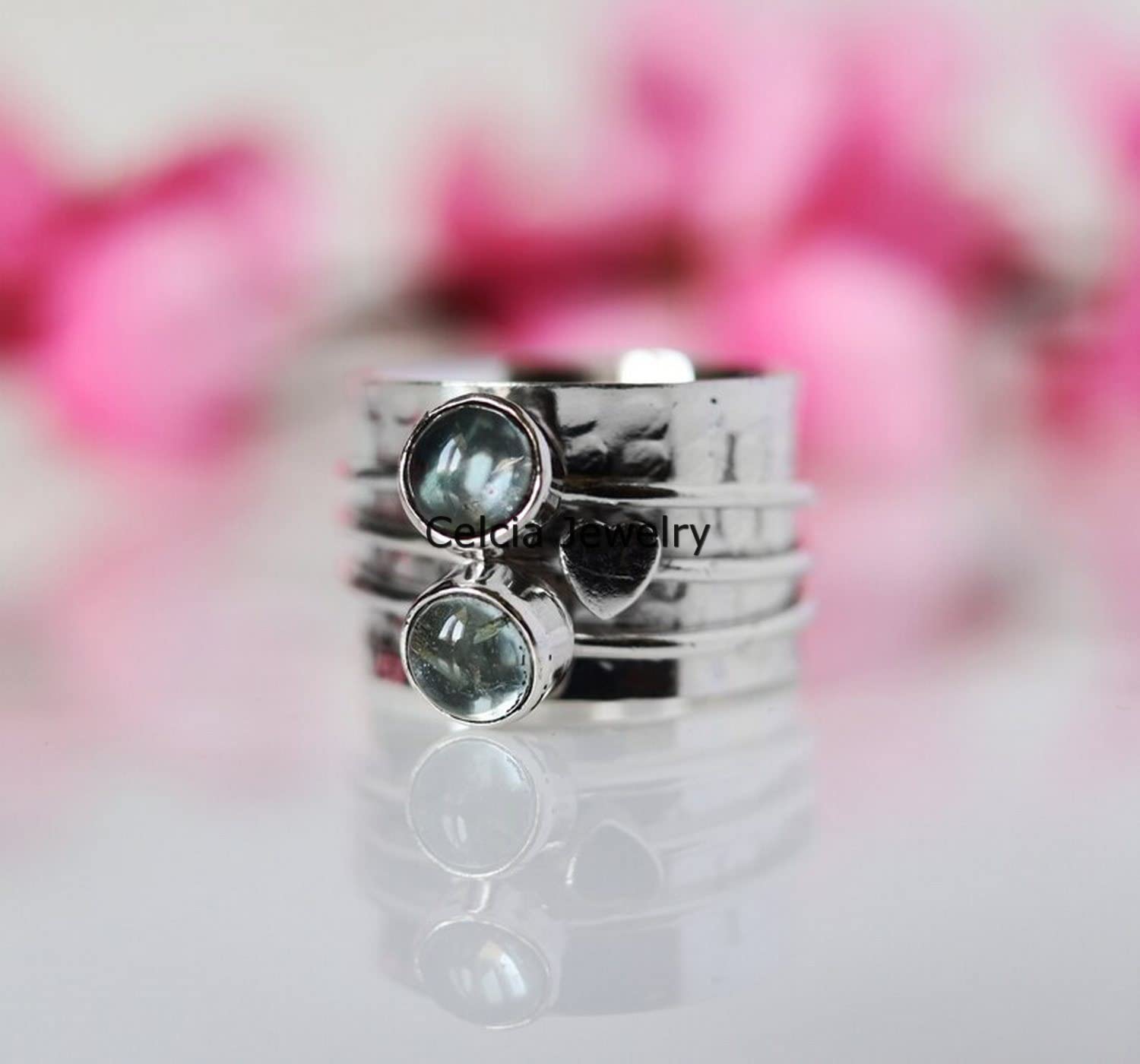 Natural Aquamarine Double Gemstone Heart Spinner Ring - Handmade Hammered Meditation & Fidget Ring for Stress Relief - March Birthstone Jewelry - Perfect Gift for Women, Girlfriend & Loved Ones (Size 7) - Ideal for Anxiety Relief, Mindfulness Practice & Stylish Everyday Wear