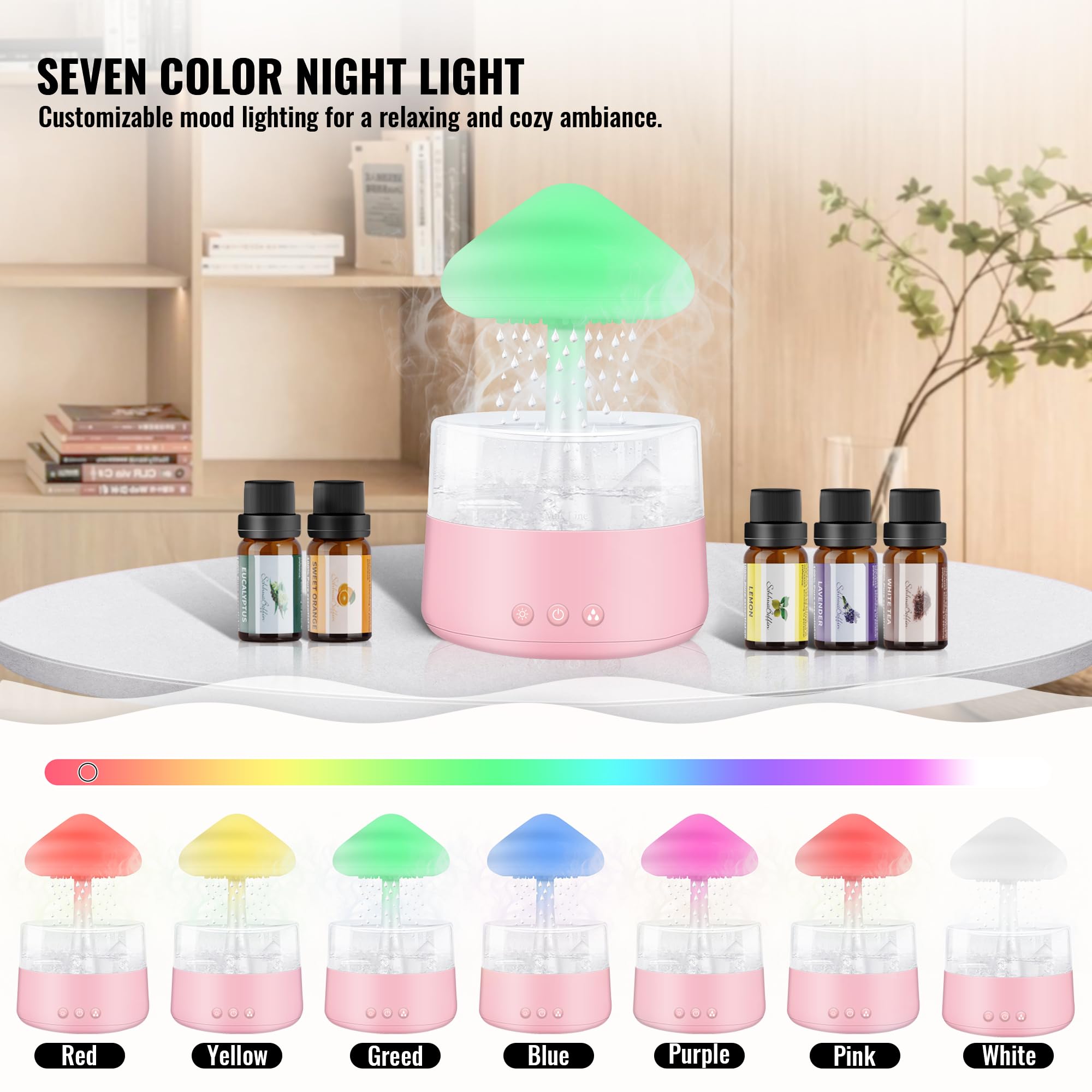 Rain Cloud Humidifier with Essential Oils - 7 Color Changing Night Light, Mushroom Shape Cool Mist Diffuser for Bedroom & Office - Pink Water Drop Sound Humidifier for Relaxation, Baby Nursery & Yoga Room