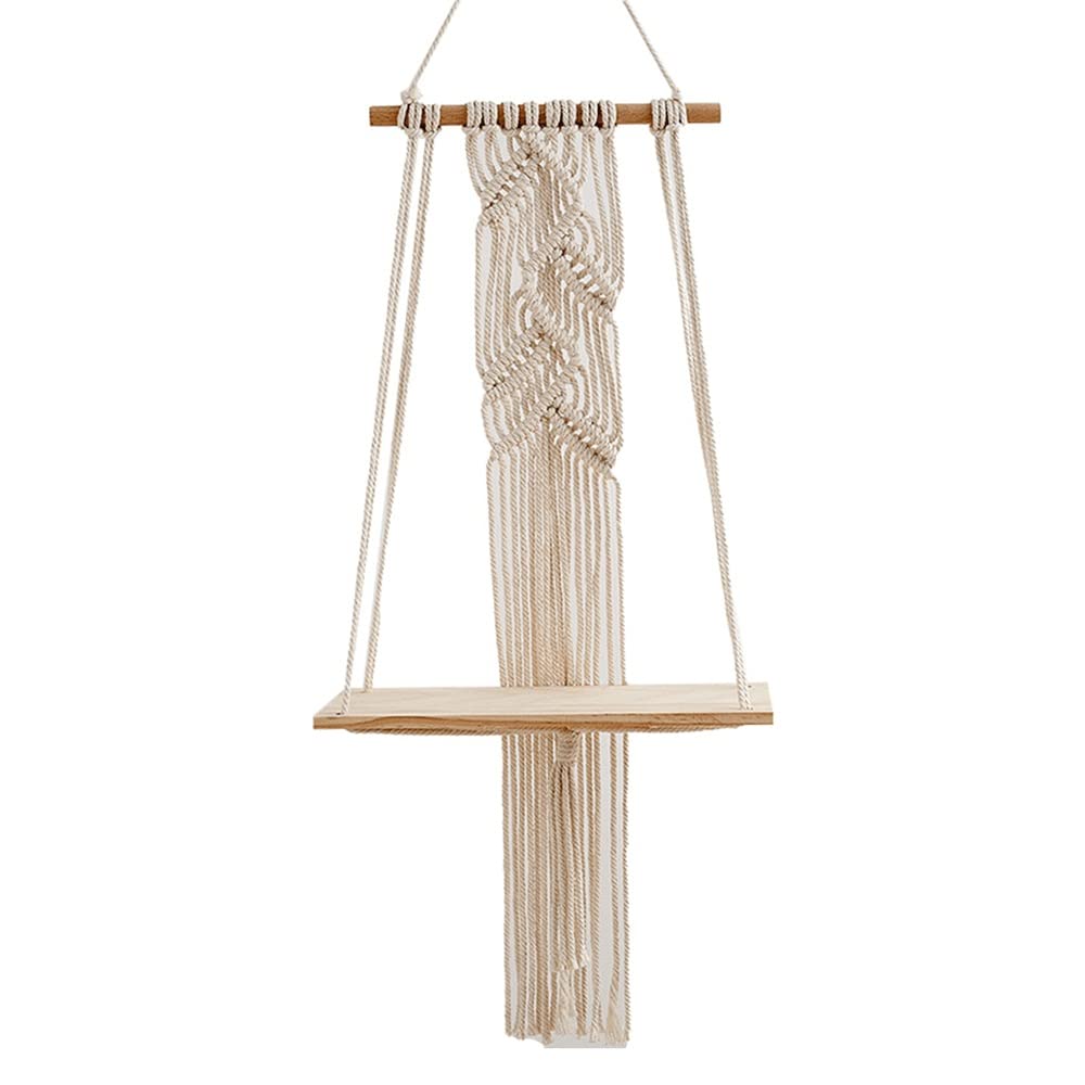 Hand-Woven Macrame Wall Hanger Shelf - Boho Wooden Floating Shelf with Tassel for Plants & Decor | Perfect for Bedroom, Bathroom & Living Room Storage