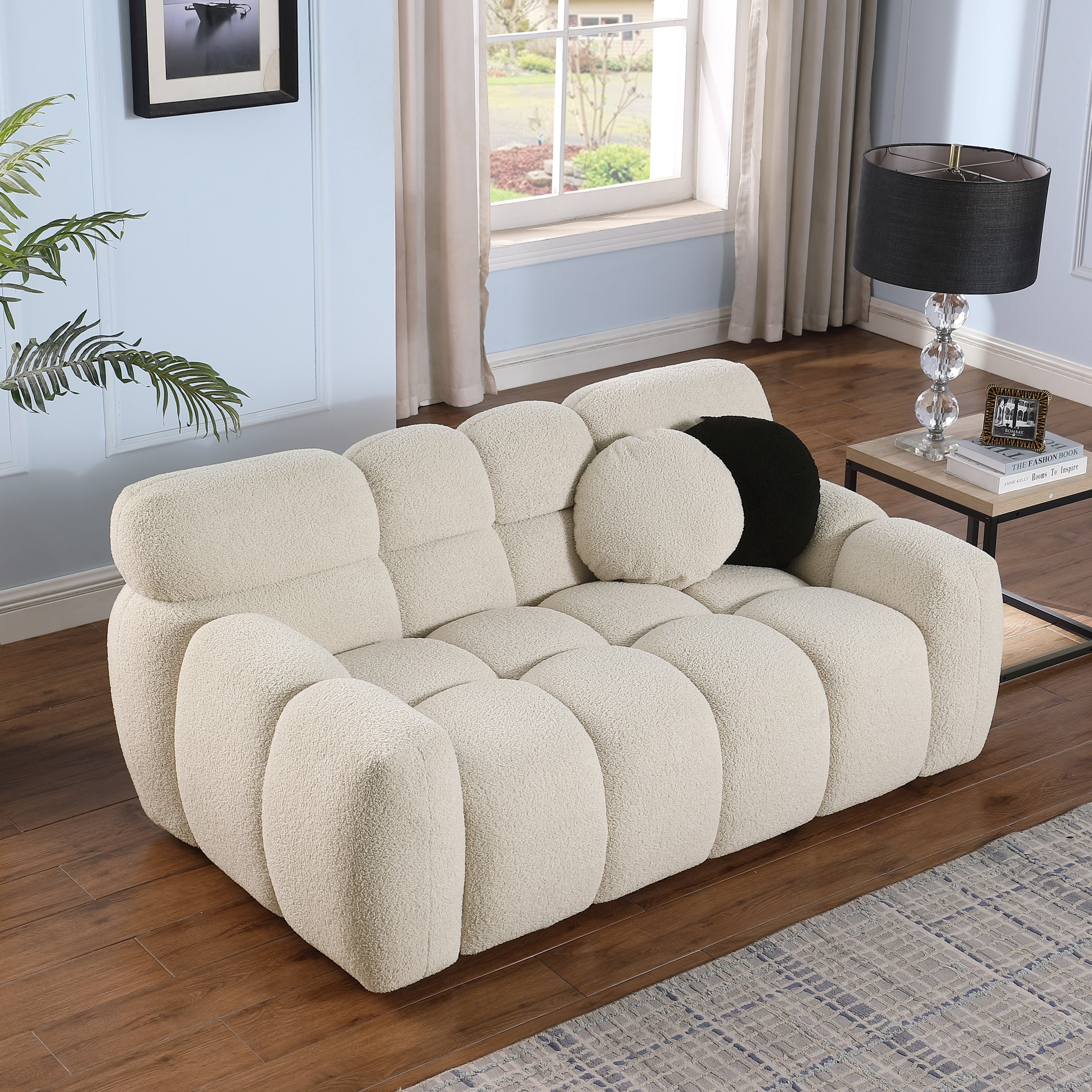 Beige Boucle 3-Seater Sofa - Marshmallow Design with Plush Cushions for Small Living Rooms | Cozy Modern Apartment Furniture for Lounge & Entertaining