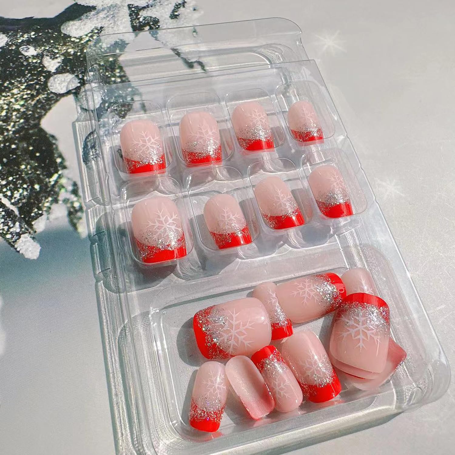 Christmas Press on Nails Short Square - French Glitter Snowflake Design, Red Glossy Sparkly Silver Xmas Fake Nails with White Snow Patterns | Full Cover Glue on False Nails for Women | Perfect for Holiday Parties, Gift Giving & Winter Nail Art