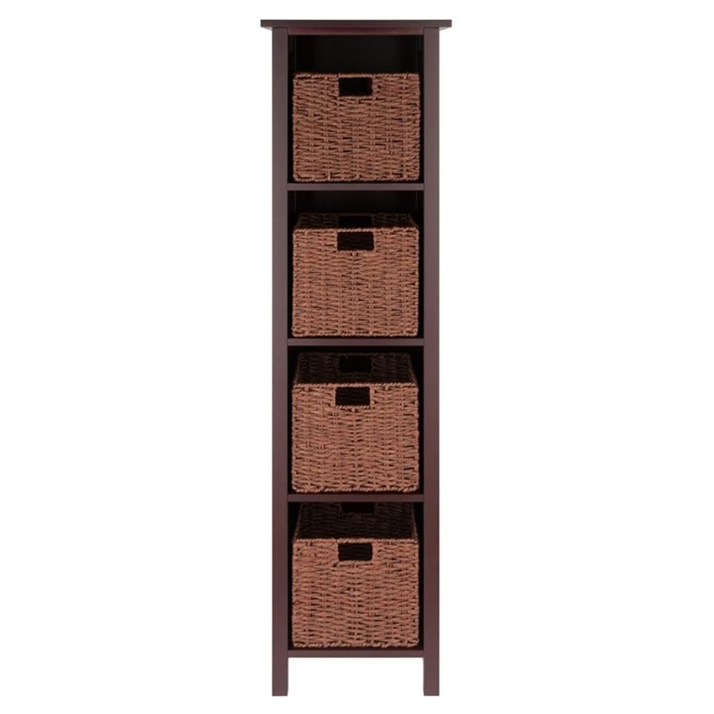 Winsome Wood Milan 5-Piece Storage Shelf with 4 Foldable Woven Baskets in Walnut - Space Saving Organizer for Bedroom, Living Room & Office