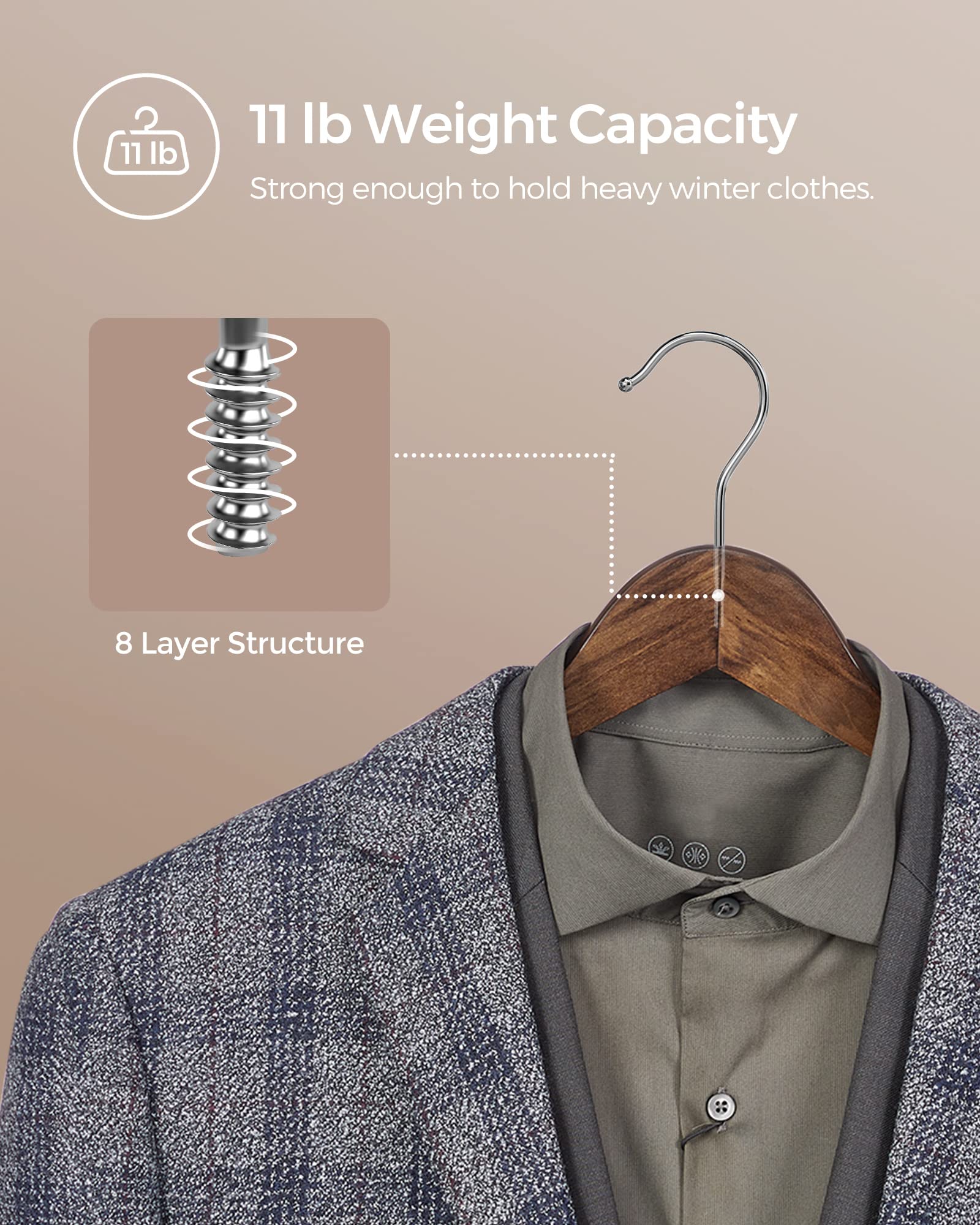 SONGMICS 20-Pack Wooden Hangers with Shoulder Notches & Swivel Hook - Non-Slip Dark Walnut & Silver Coat Hangers for Jackets, Shirts, Suits - Perfect for Closet Organization & Wardrobe Storage