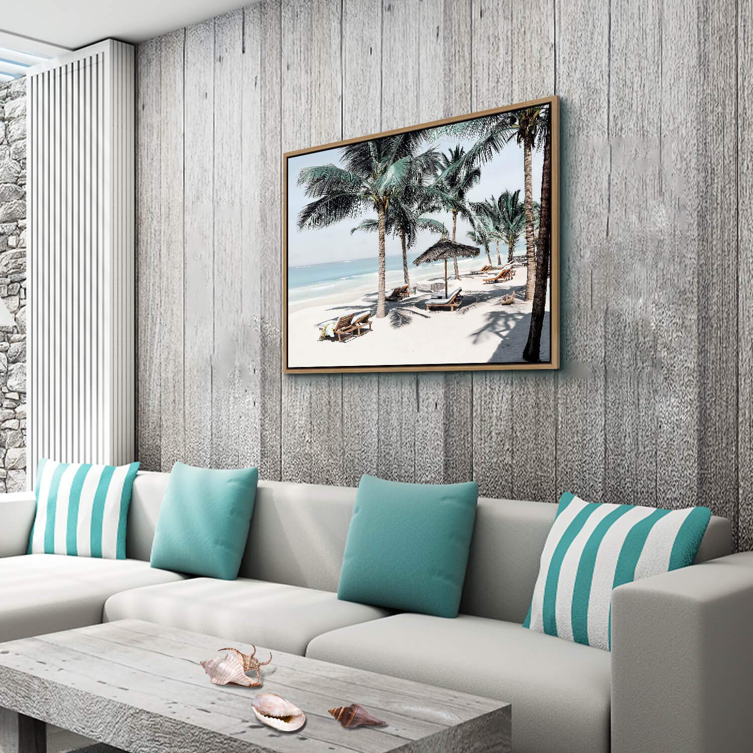 Modern Tropical Beach Canvas Wall Art - Palm Tree Seascape Photographic Print for Living Room Decor (40''W x 30''H Framed, Multiple Sizes) | Coastal Home Decor, Beach House Wall Art, Tropical Vacation Theme