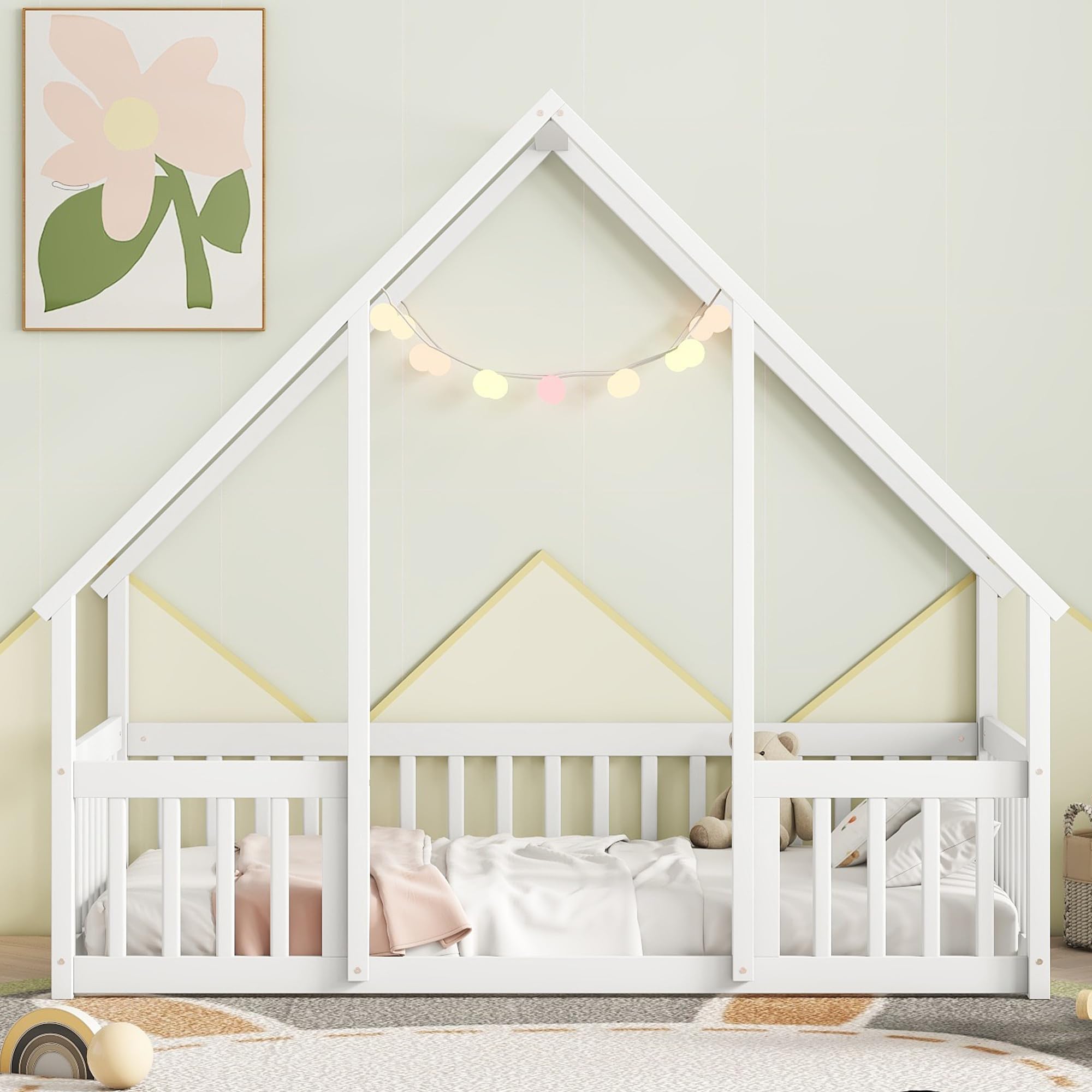 Montessori Twin Size House Bed for Kids - Wooden Floor Bed with Safety Fence Rails - White Bed Frame for Girls, Boys & Teens - Perfect for Playrooms, Bedrooms & Montessori Learning Spaces