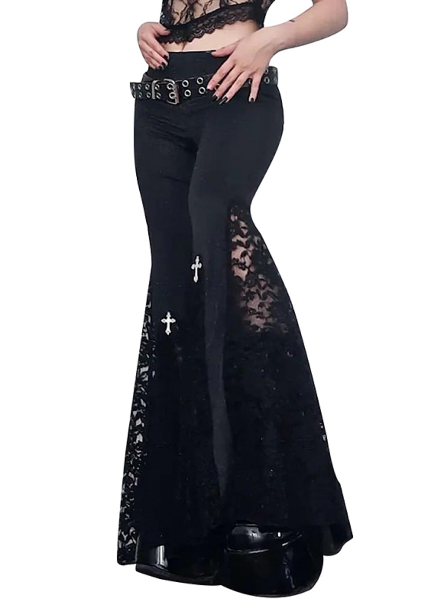 Gothic Punk Flare Pants for Women - Y2K Grunge Trousers with Lace Patchwork & Chain Details | Emo Fashion, Streetwear, Alternative Clothing for Concerts & Night Out