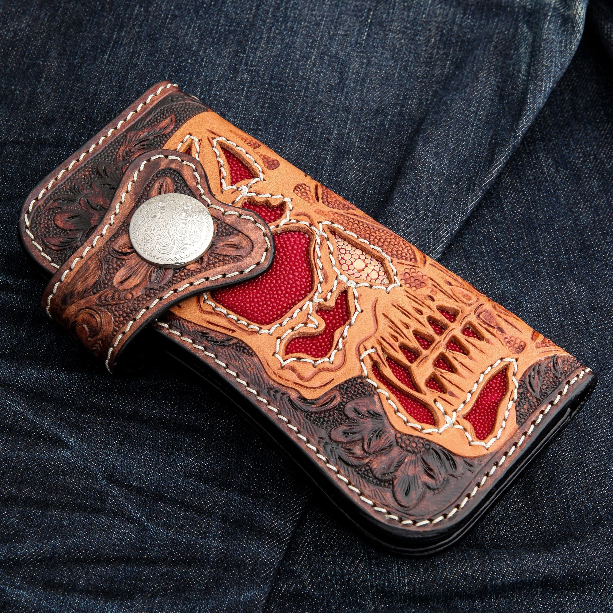 Handmade Genuine Red Stingray Leather Biker Wallet with Skull Design - Perfect for Motorcycle Riders & Gift for Men