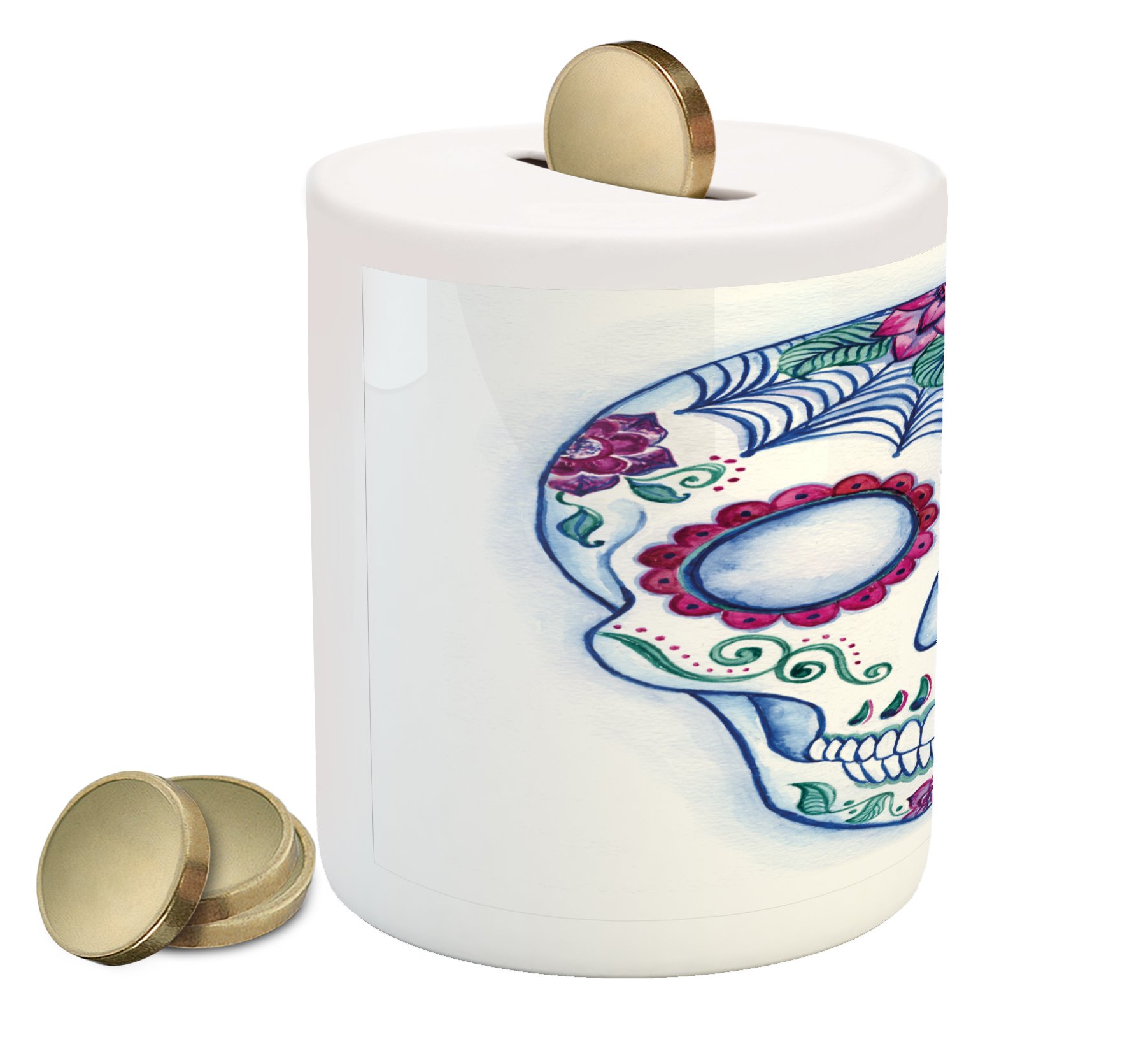 Ambesonne Sugar Skull Piggy Bank - Colorful Day of The Dead Ceramic Coin Bank with Hand-Drawn Floral Skull Design for Cash Saving | Unique Home Decor for Halloween, Dia de Los Muertos & Gift Giving