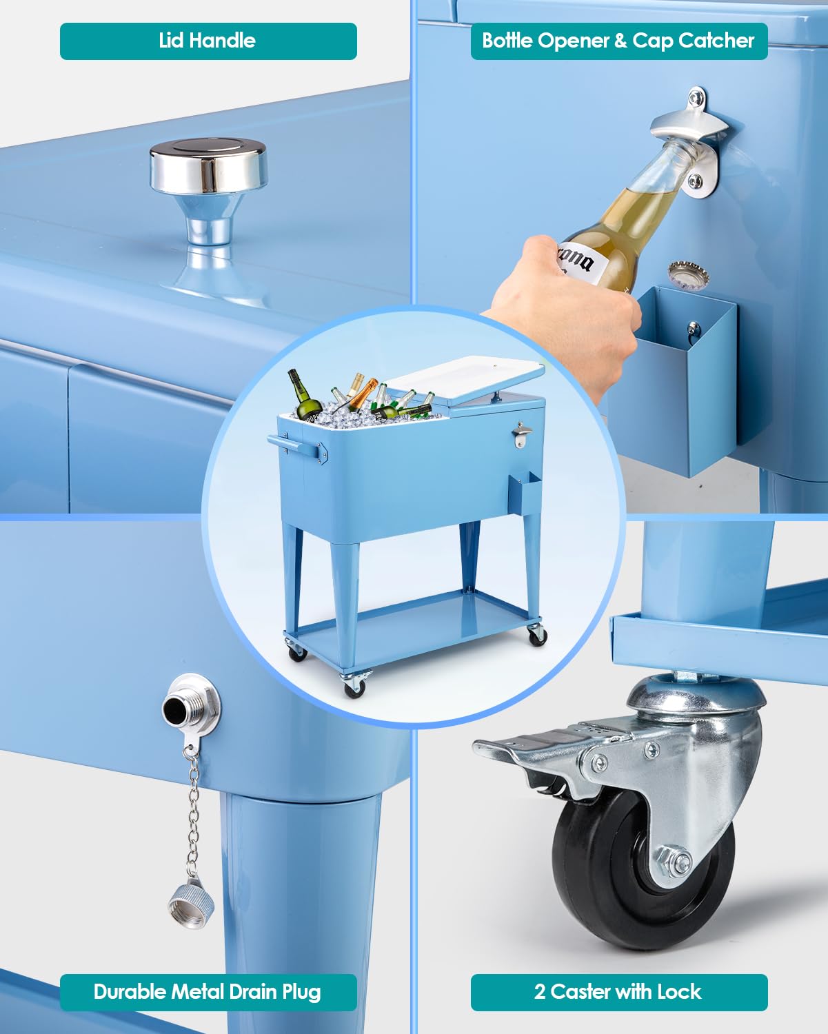 80 Quart Rolling Patio Cooler Cart with Wheels - Portable Beverage Ice Chest, Built-in Shelf & Bottle Opener, Stand-Up Cooler with Handles for Outdoor Parties, Beach, Camping & Tailgating (Blue)