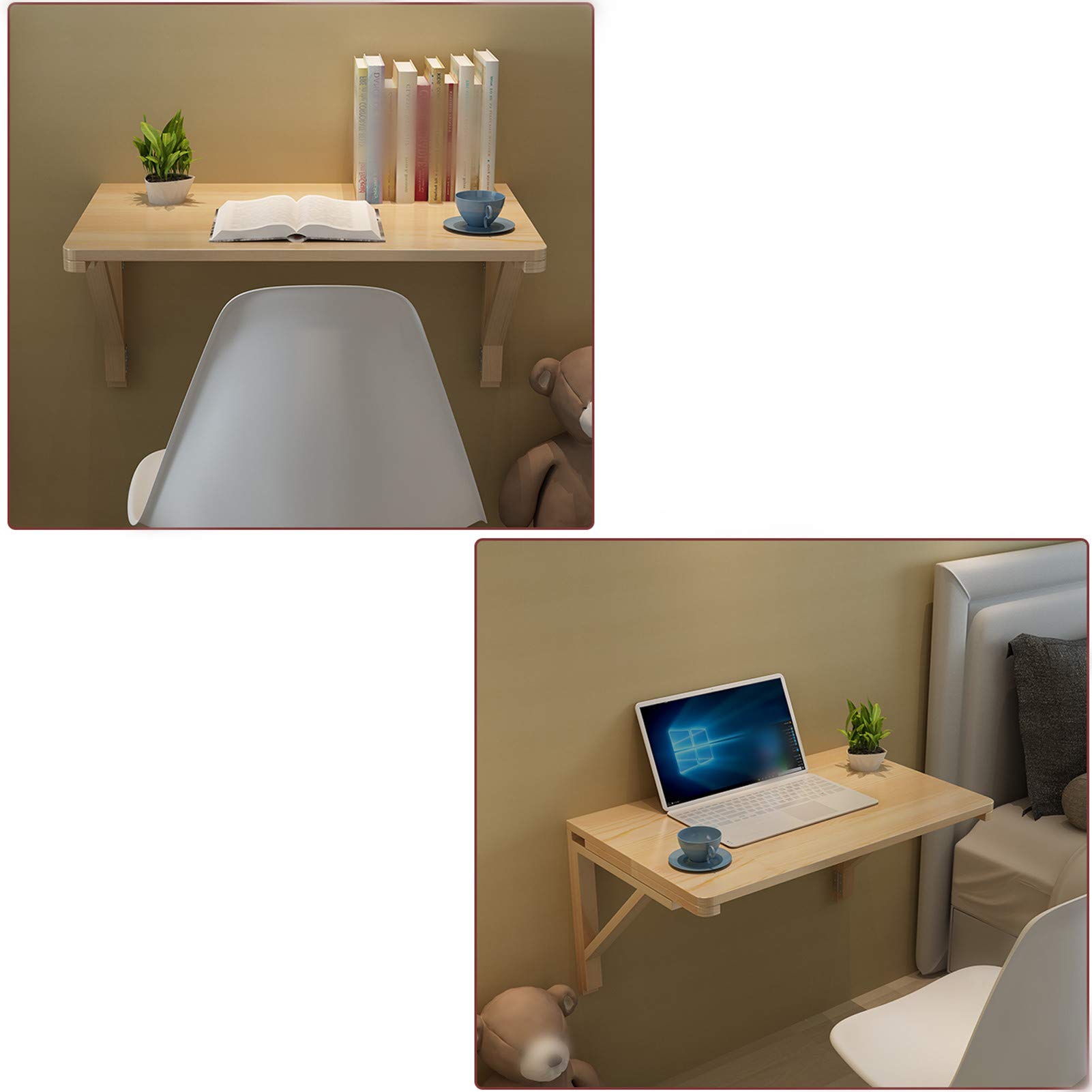 Solid Wood Fold Down Drop-Leaf Table - Wall Mounted Folding Desk for Study, Bedroom, Bathroom or Balcony - Space Saving Computer Workbench & Hanging Bookshelf - 120x50cm/47x20in - Perfect for Small Apartments, Home Offices & Dorm Rooms