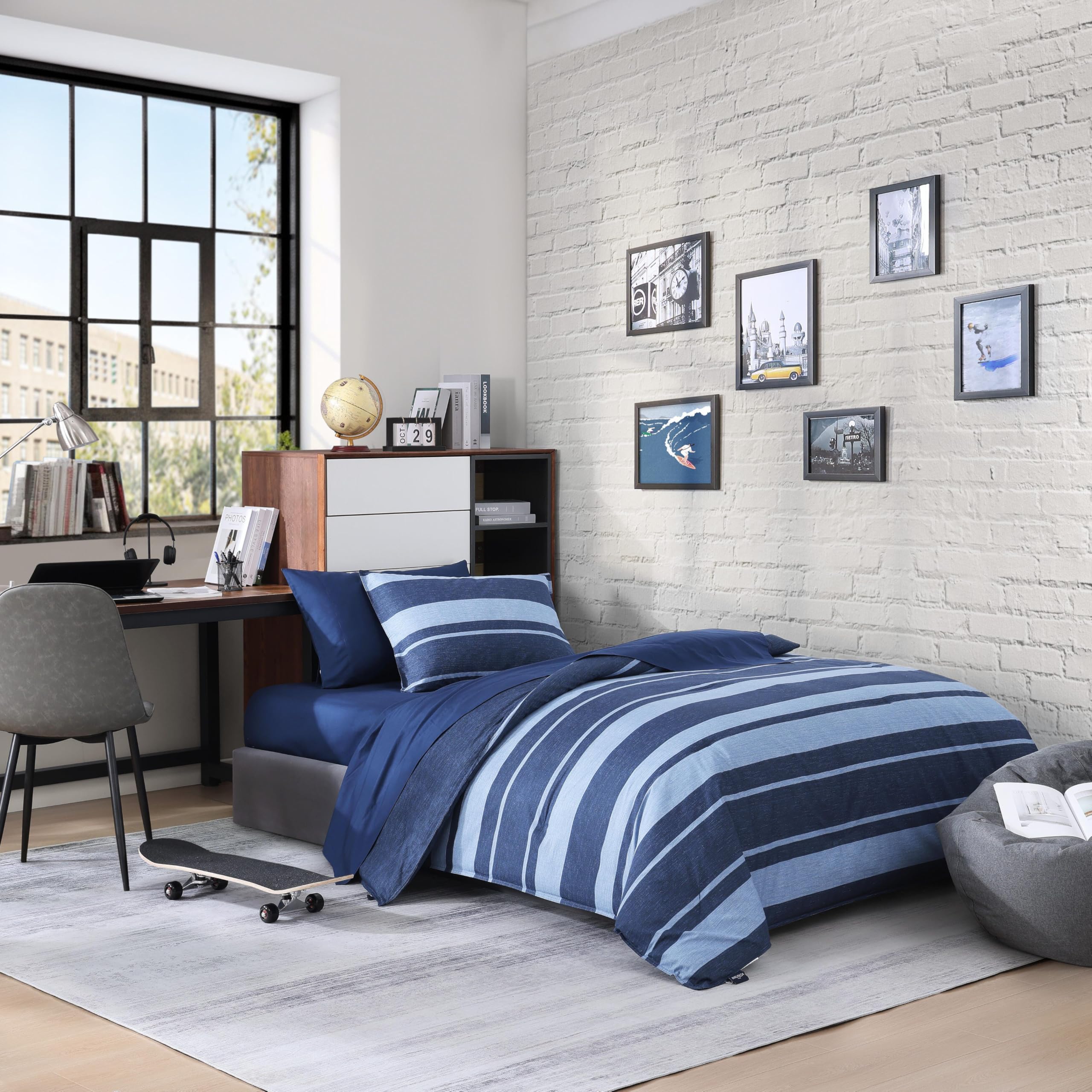 Nautica Queen Comforter Set - 100% Cotton Reversible Bedding with Matching Shams | Stylish Navy Blue Home Decor for Master Bedroom | Cozy & Breathable All-Season Bedding Set (Longpoint Blue, Queen Size)