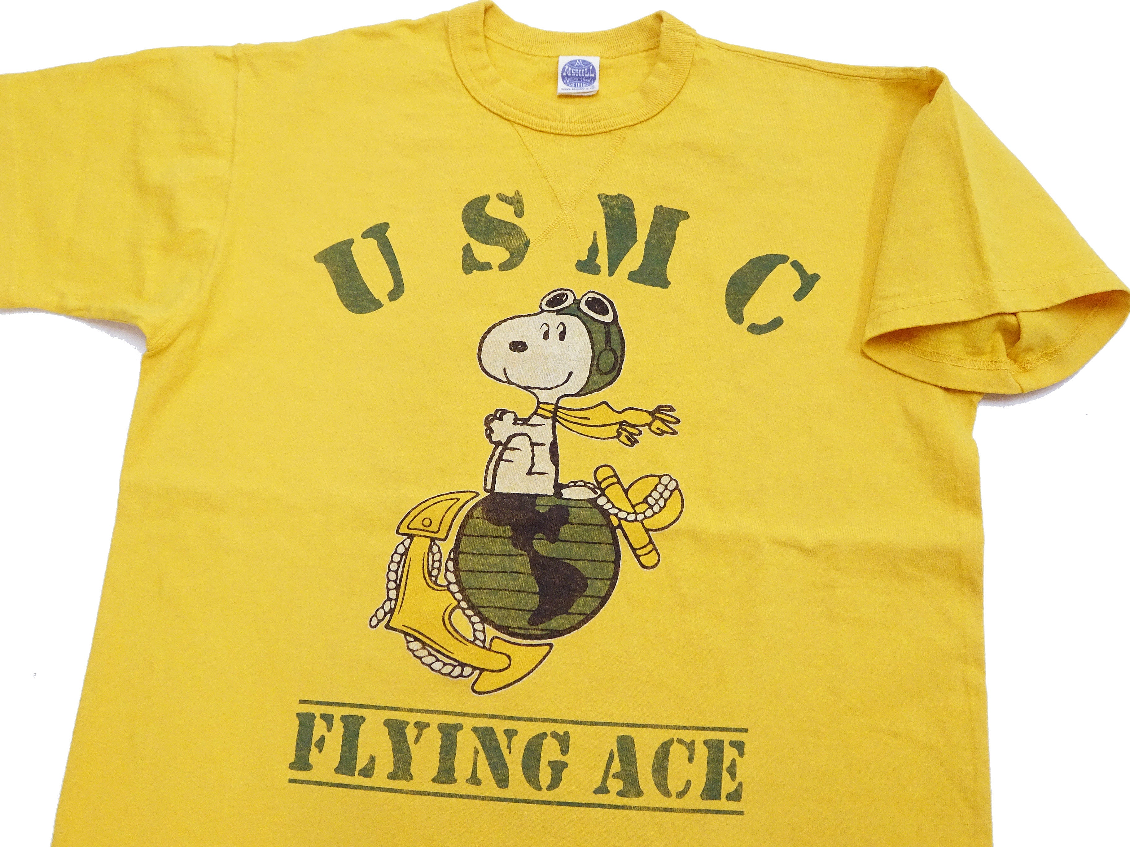 TOYS McCOY Men's Short Sleeve Graphic T-Shirt - Flying Ace Snoopy x USMC Printed Tee | TMC2527 Garment Dyed Faded Yellow | Vintage Style Loopwheel Cotton | Casual Wear & Street Fashion