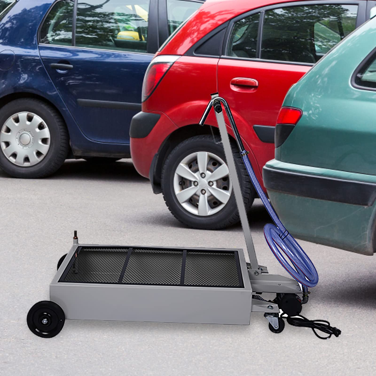 15 Gallon Oil Drain Pan with Electric Pump - Low Profile Portable Oil Change Tank with 7' Hose & Swivel Wheels for SUV, Truck, and Car Maintenance - Perfect for DIY Oil Changes at Home or Garage