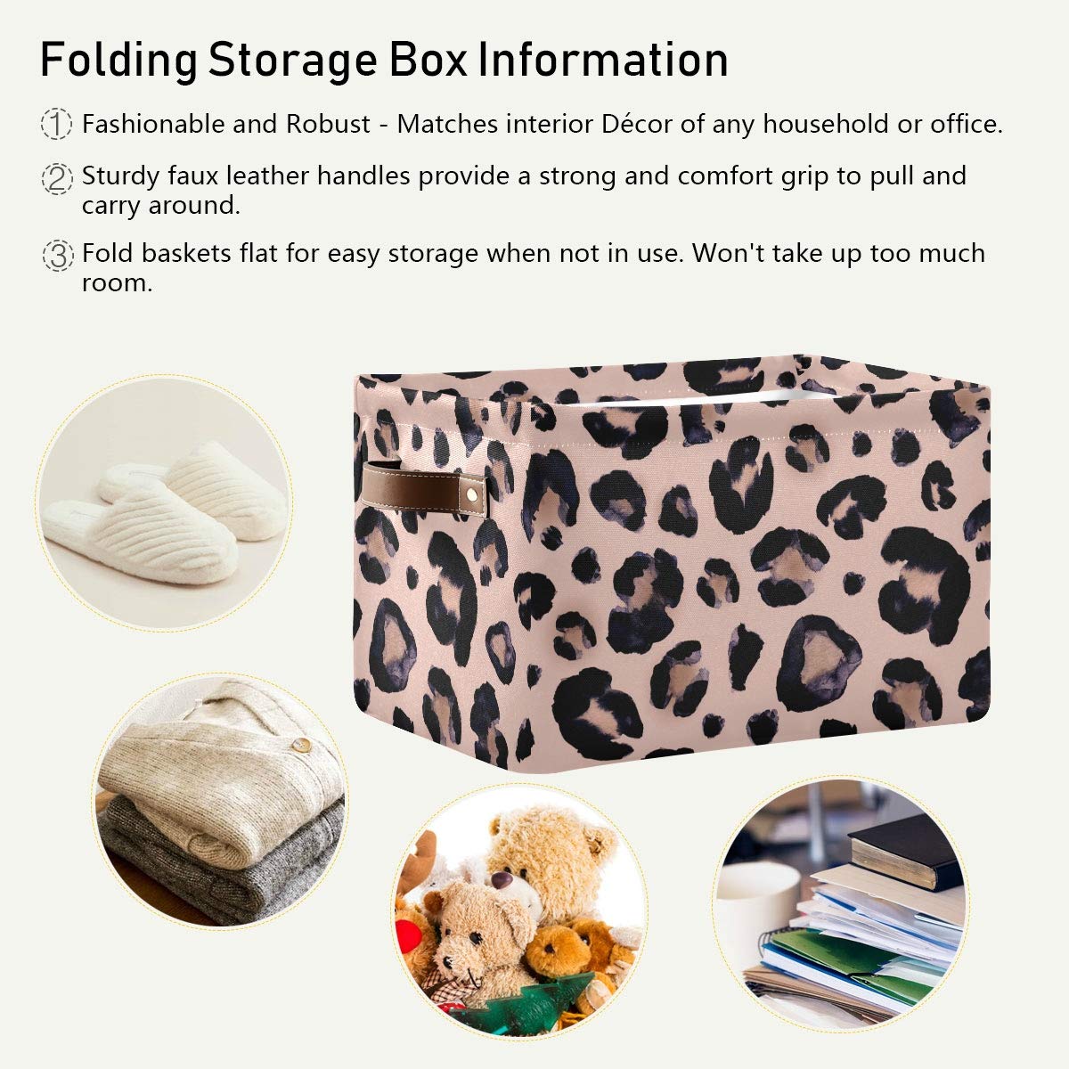 AGONA Large Foldable Storage Bin with Leather Handles - Collapsible Fabric Storage Basket for Home, Closet & Bedroom Organization (Leopard Pink, 1 Pack) - Perfect for Nursery, Pet Supplies & Seasonal Decor Storage