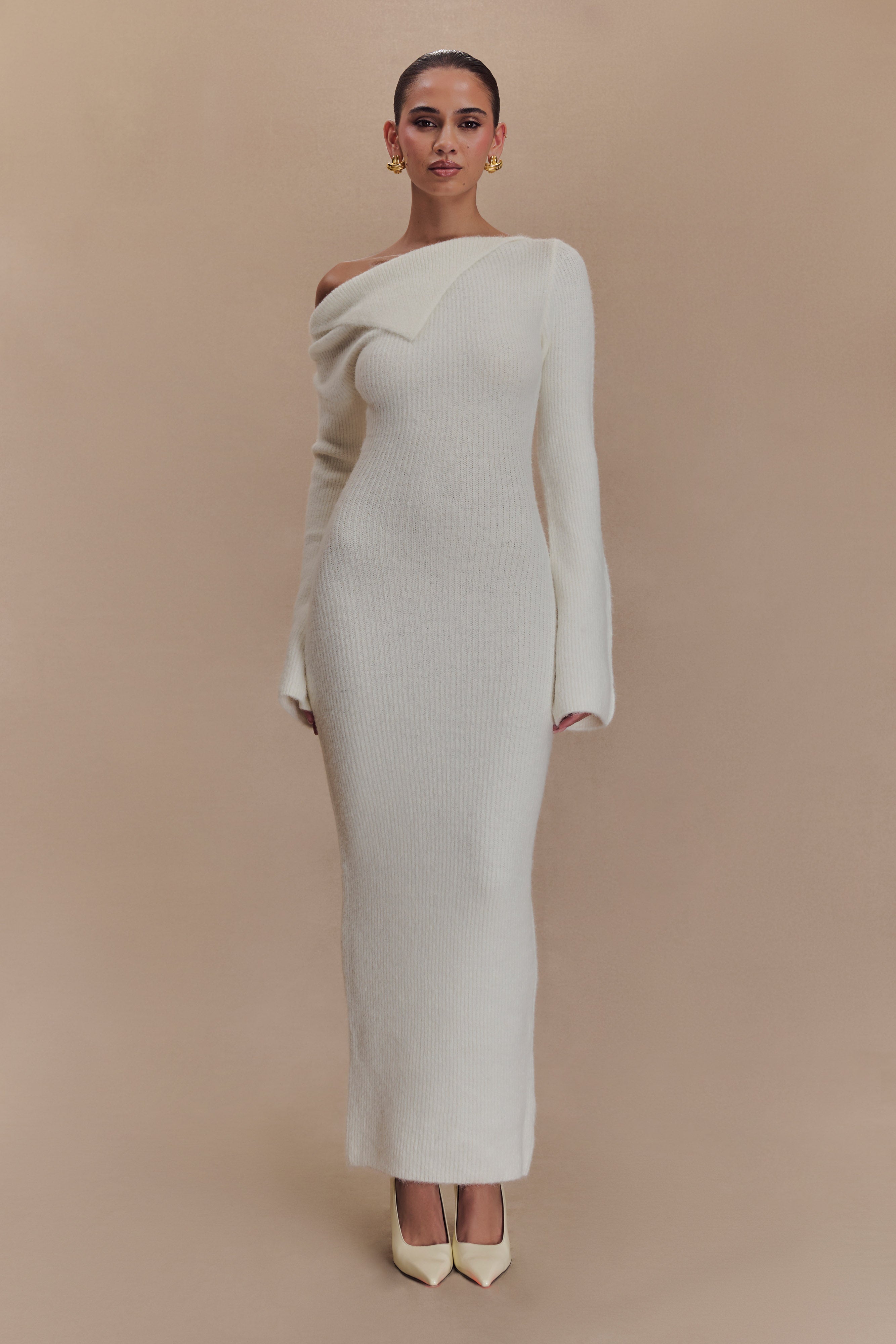 Magenta One Shoulder Fluffy Knit Midi Dress for Women - Soft Winter Party Dress in Ivory - Perfect for Holiday Parties, Date Nights & Special Occasions
