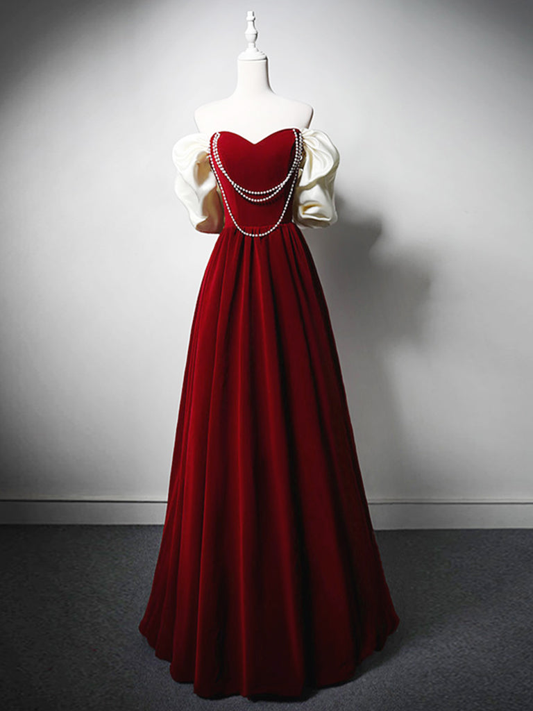 Burgundy A-Line Off Shoulder Velvet Lace Long Prom Dress - Elegant Formal Evening Gown for Homecoming, Wedding & Special Occasions