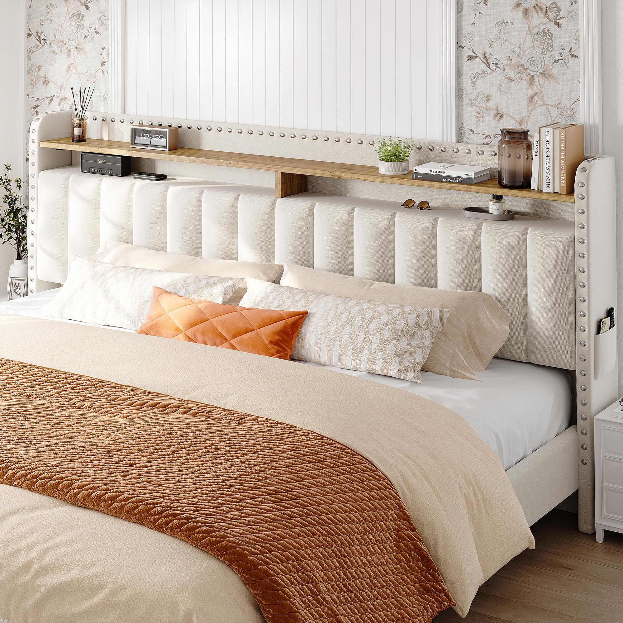 EnHomee King Size Bed Frame with 2-Tier Storage Headboard & 2 Drawers - Upholstered Platform Bed with Wooden Slats, No Box Spring Needed, Noise-Free - Perfect for Small Spaces & Modern Bedrooms (Beige)