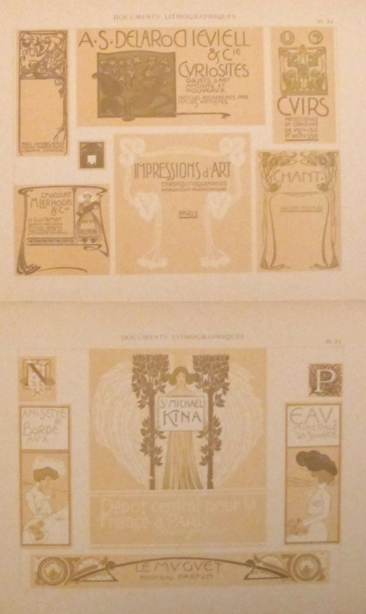 Antique 1900s Belle Epoque Design Lithograph Sheets - Plate #34 & #32 - Vintage French Art Nouveau Documents - Perfect for Framing, Home Decor & Historical Collections