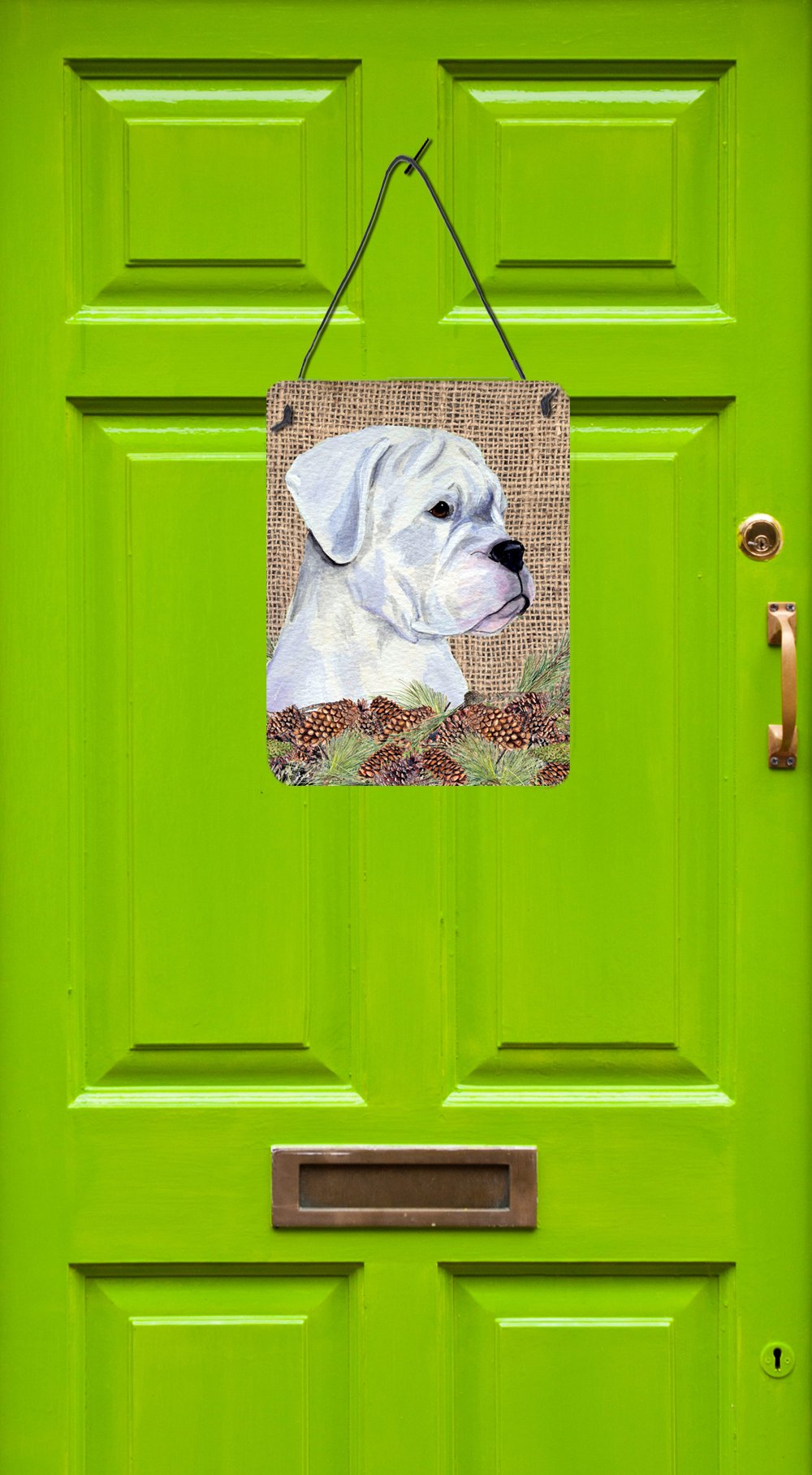 White Boxer Dog on Faux Burlap with Pine Cones Metal Wall Art Sign - 12x16 Inch Rustic Home Decor for Kitchen, Bathroom, Front Door & Bar - Durable Aluminum Hanging Plaque for Farmhouse & Cabin Style Decor