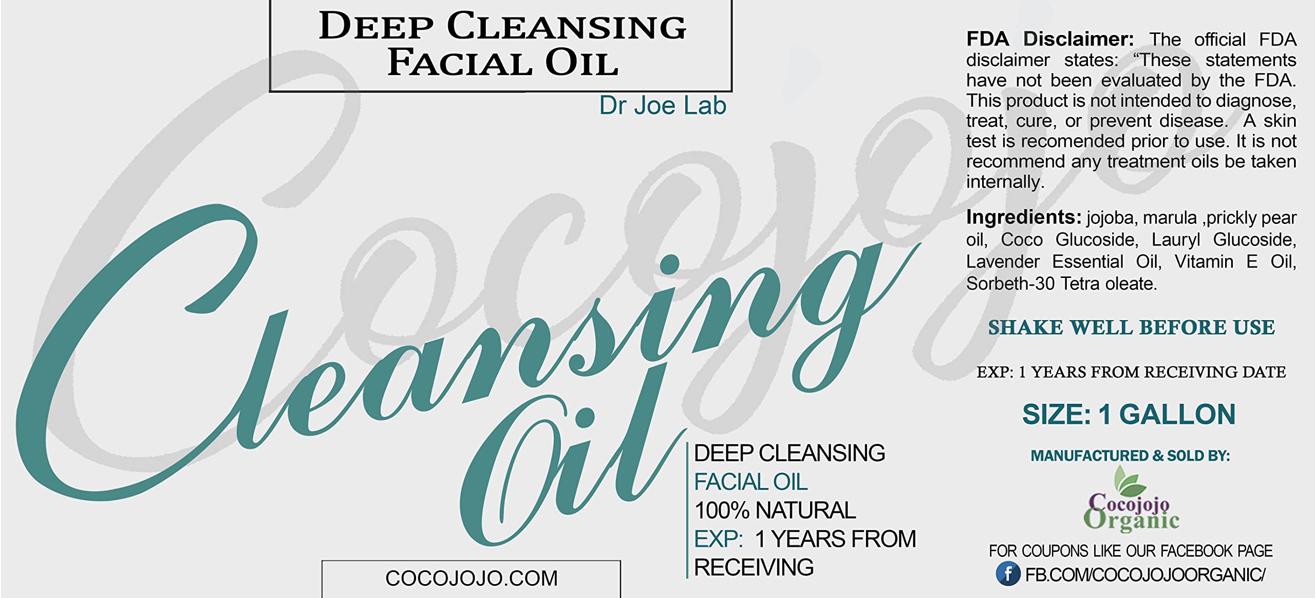 Dr Joe Lab Deep Facial Cleansing Oil for Oily & Dry Skin - Hydrating, Moisturizing & Restoring Face Cleanser - 1 Gallon (128 oz) - Perfect for Daily Skincare & Makeup Removal