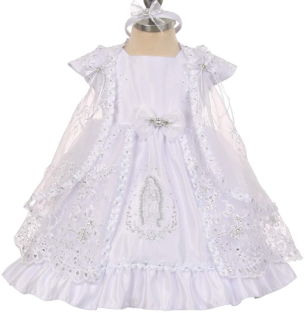 BluNight Collection Baby Girls Christening Dress with Virgin Mary Embroidery - Baptism Cape Bonnet Outfit for Newborns & Infants - Perfect for Christenings, Baptisms, and Special Occasions