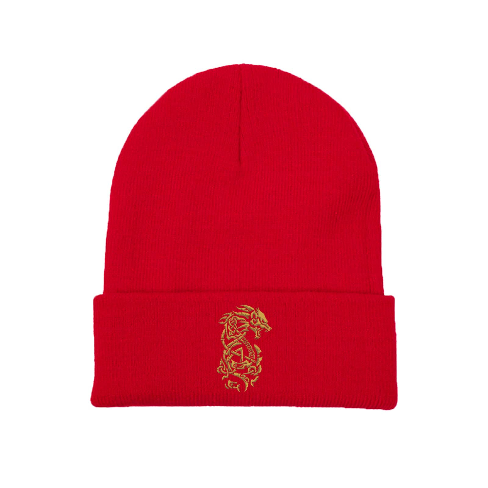 Viking Fenrir Wolf Norse Mythology Beanie - Unisex Red Knit Skull Cap for Men, Women & Kids - Winter Warm Cuffed Hat for Outdoor Activities & Norse Cosplay
