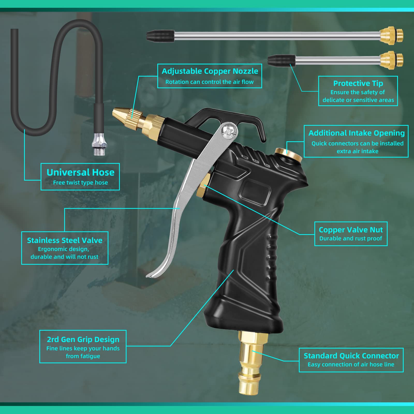 Industrial Air Blow Gun with Brass Adjustable Nozzle & Steel Extension - Heavy Duty Pneumatic Tool for Dust Cleaning, Workshop Maintenance & Air Compressor Accessories (Black) - Perfect for Automotive, Woodworking & Industrial Cleaning