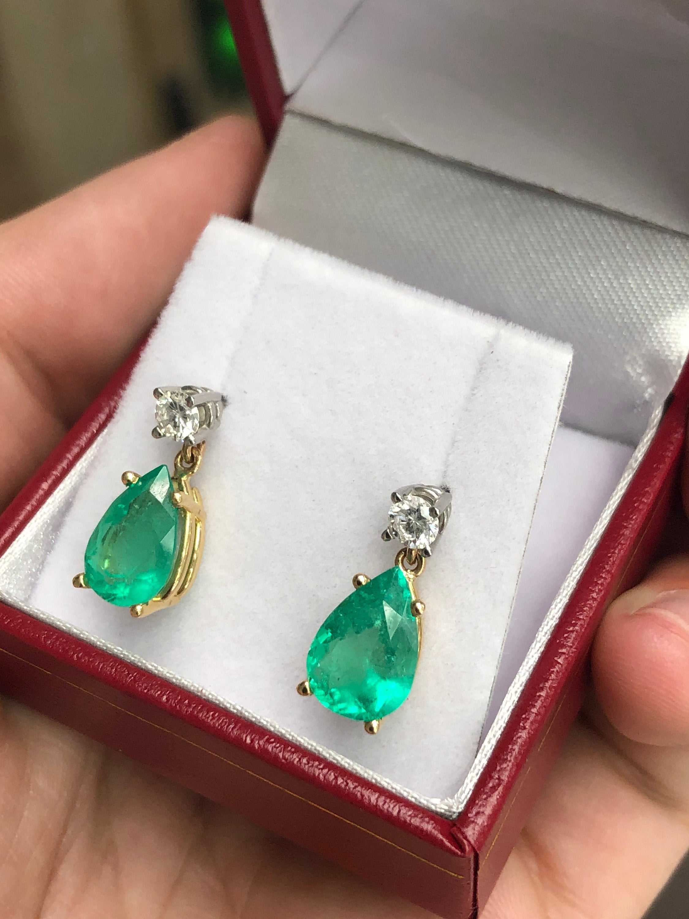 5.93tcw Tear Drop Emerald & Diamond Dangle Earrings 14K Gold - Elegant Jewelry for Women, Perfect for Weddings, Parties & Special Occasions