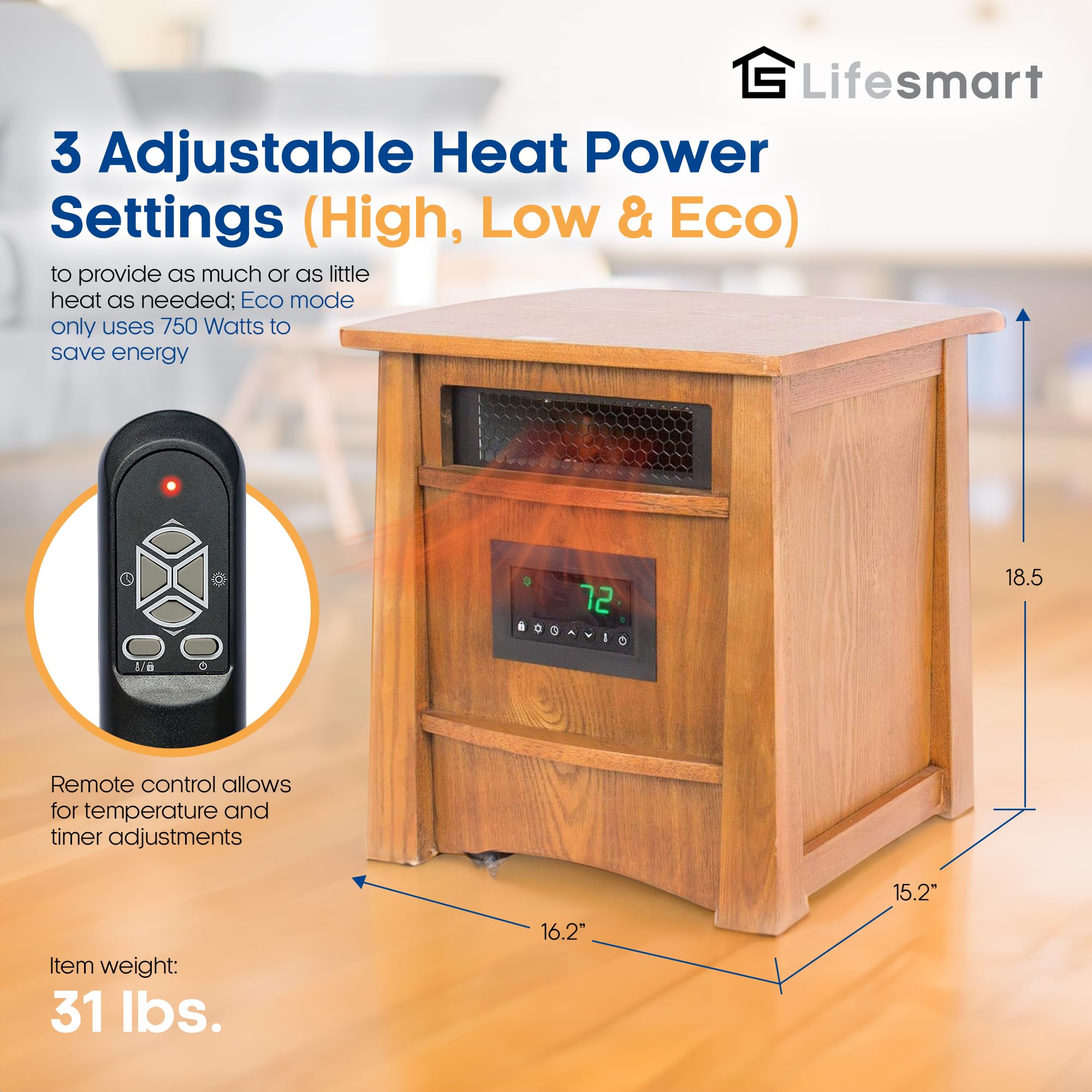 LifeSmart LifePro Ultimate 1500W Electric Infrared Quartz Space Heater with Remote Control - 8 Heating Elements for Home, Office & Bedroom - Energy Efficient Indoor Heater in Brown Oak Wood Finish