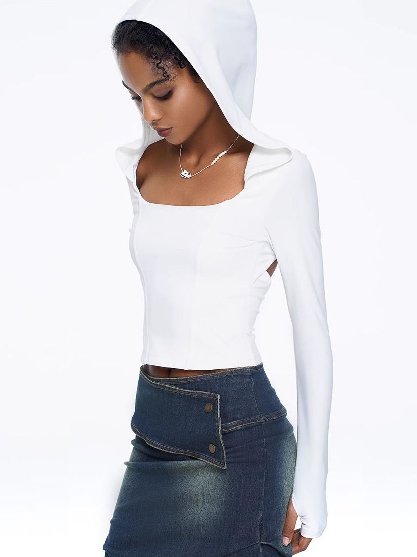 ZASUWA Women's Solid Color Hollow Out Hooded Elastic Tight Long Sleeve Tops - Perfect for Casual Wear, Workout, and Outdoor Activities
