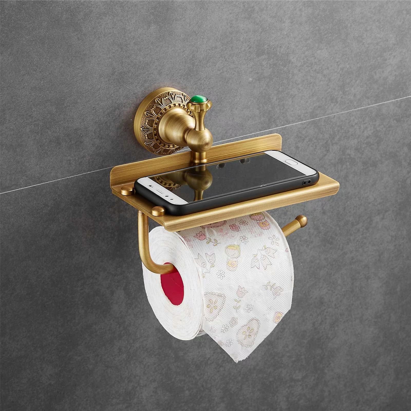 Beelee Solid Brass Wall-Mounted Toilet Paper Holder with Phone Shelf - Antique Brass Bathroom Tissue Roll Dispenser - Perfect for Bathroom, Powder Room & Vanity Organization