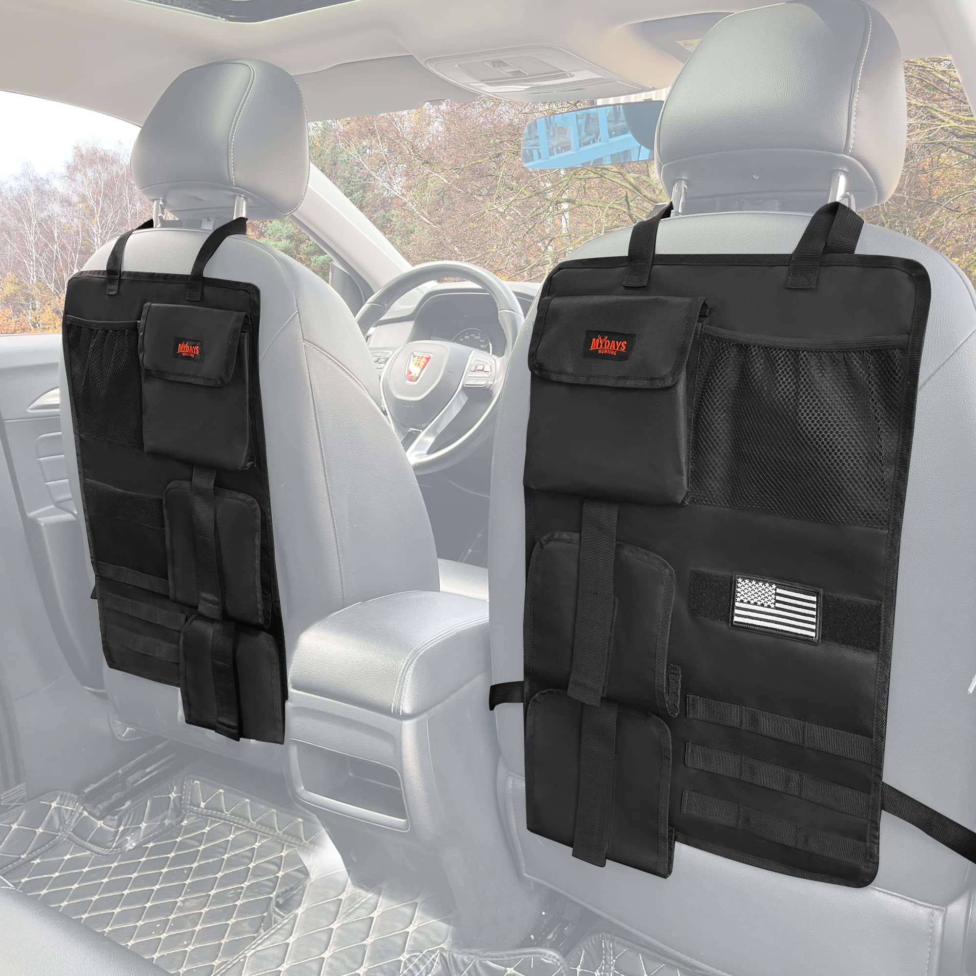 MYDAYS 2 Pack Tactical Seat Back Gun Rack - Camo Vehicle Gun Holder with Molle Panel for Hunting Rifles & Shotguns - Perfect for Truck, SUV, Jeep & Off-Road Hunting Accessories