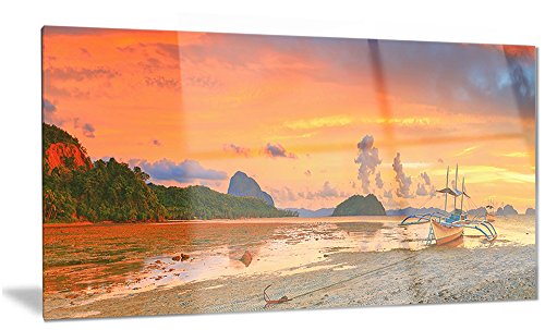 Designart Boat at Sunset Panorama Landscape Photo Metal Wall Art - 40x30 Inches, 30''H x 40''W x 1''D - Modern Home & Office Decor for Living Room, Bedroom, or Office