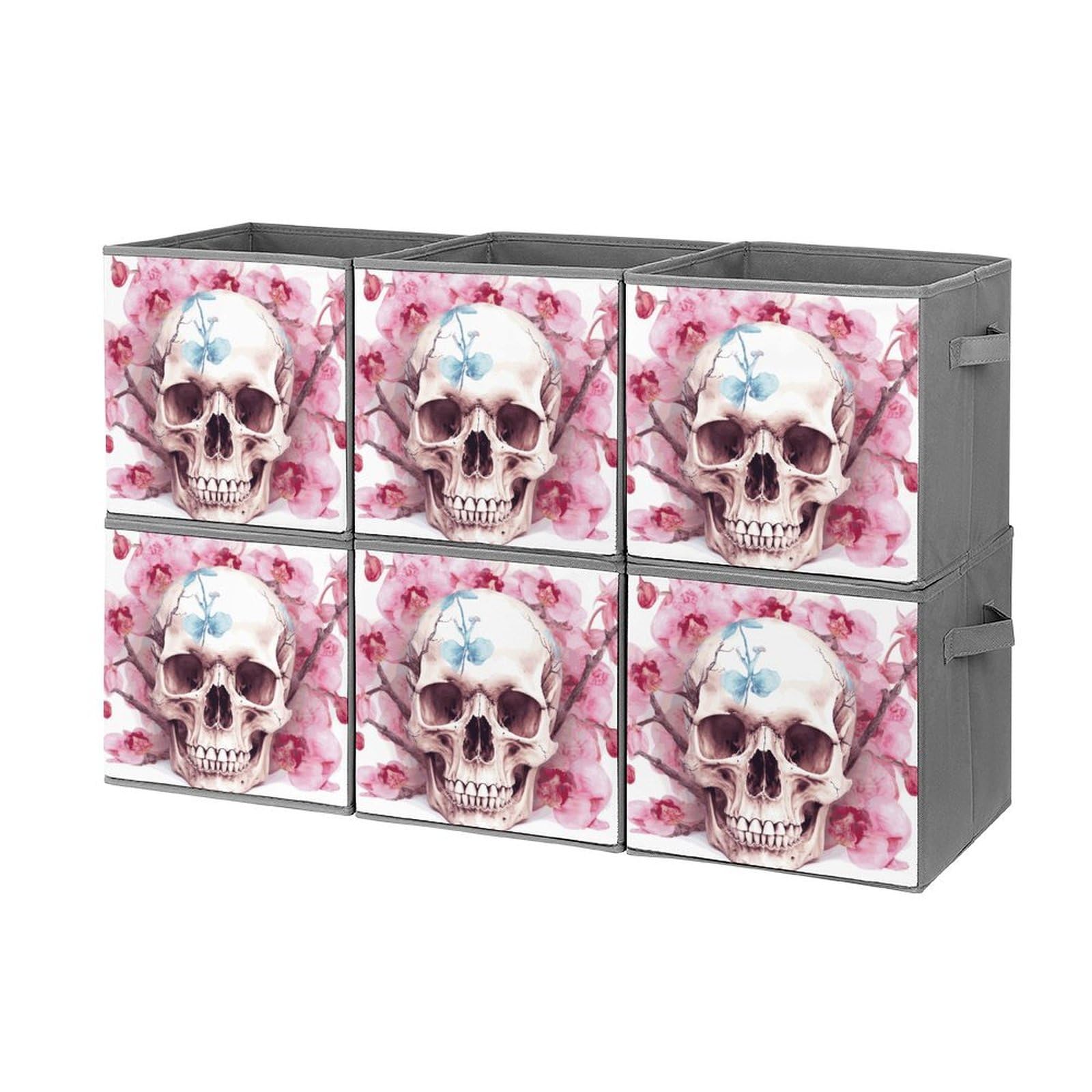 6PCS Collapsible Storage Bins with Handles - Skull & Pink Floral Printed Foldable Organizer Boxes for Home, Closet, Office & Shelf Organization | Space Saving Storage Solutions for Toys, Books & Household Items