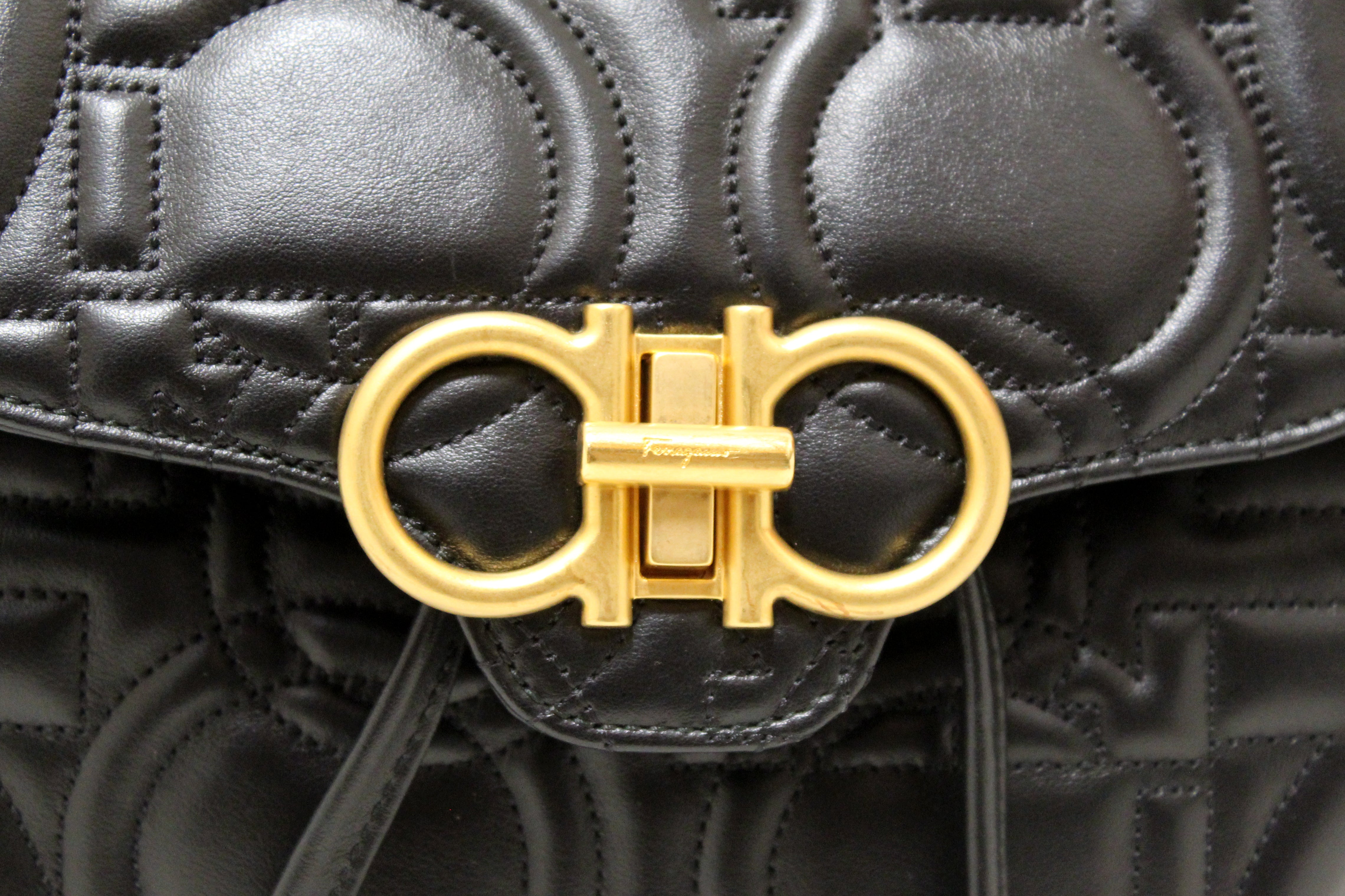 Authentic Salvatore Ferragamo Black Gancini Quilted Leather Medium Backpack for Women | Luxury Designer Handbag for Work, Travel & Everyday Use