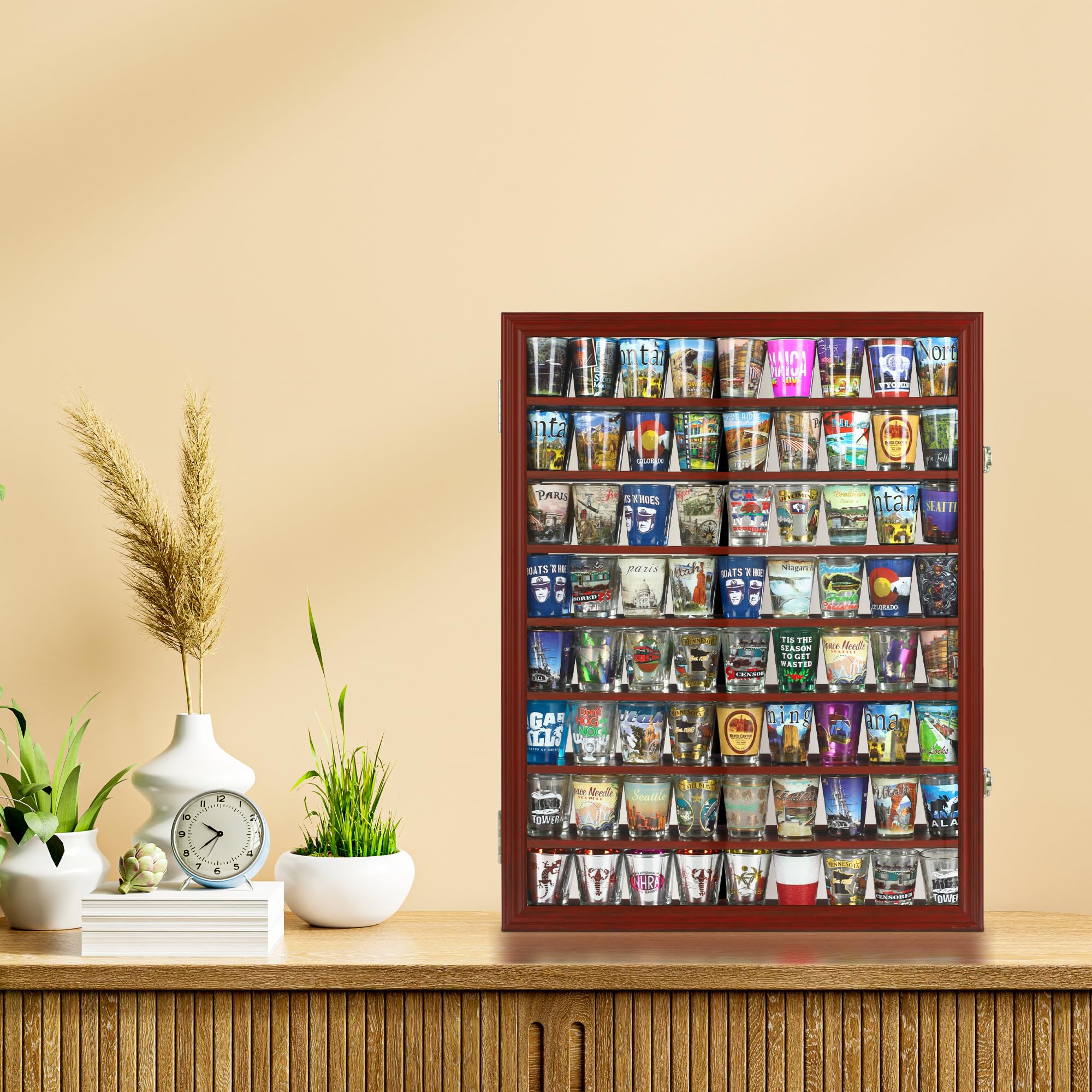 Solid Wood Shot Glass Display Case with UV Protection Acrylic Door & Mirror Back - Lockable Wall Cabinet for Shot Glass Collection (Cherry Finish) - Perfect for Home Bars, Man Caves, and Whiskey Enthusiasts