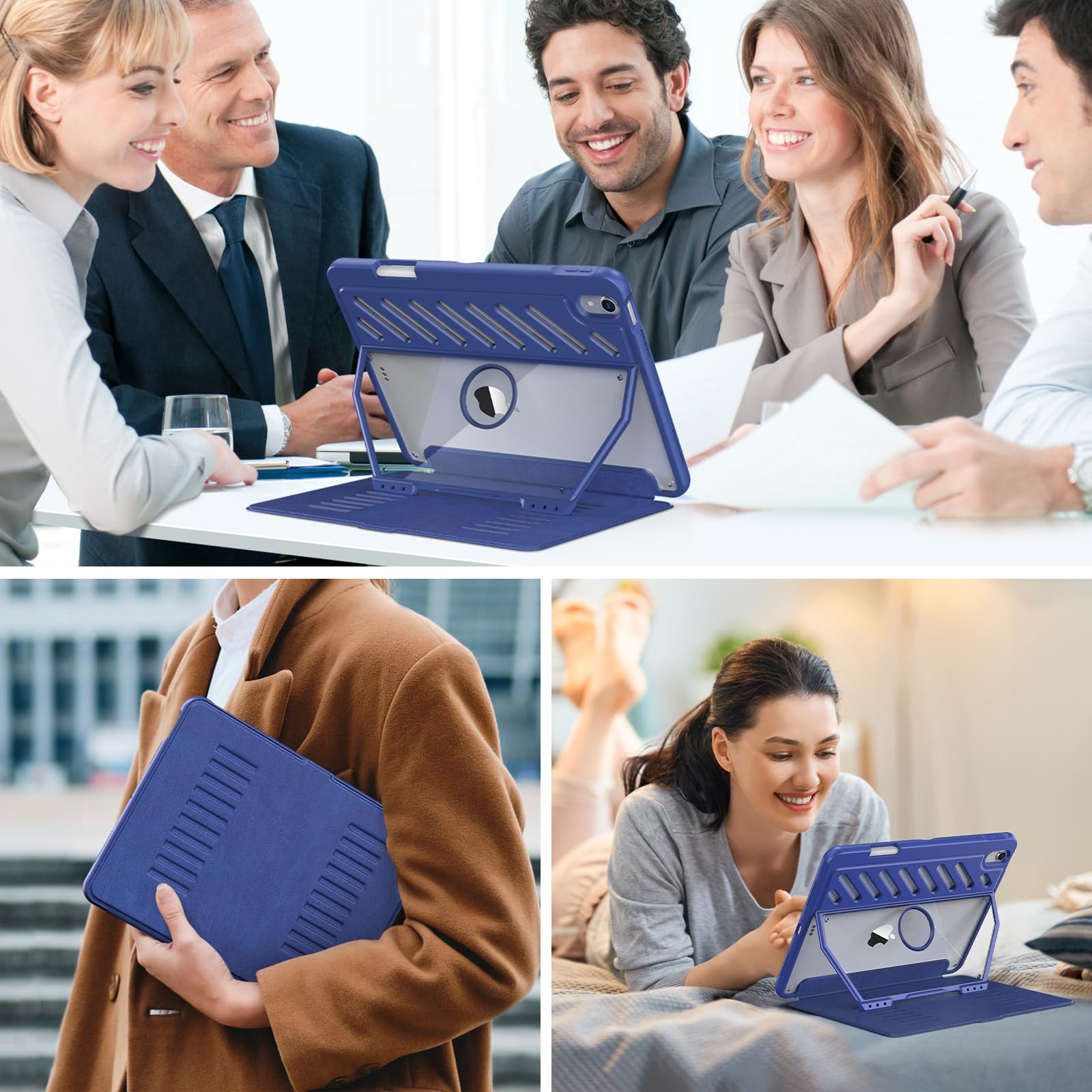 MoKo iPad Air 11 Case (M3 2025/M2 2024) & iPad Air 10.9 Case (4th/5th Gen 2020/2022) - Heavy Duty Shockproof Protective Cover with Pencil Holder & 10 Magnetic Viewing Angles - Navy Blue - Perfect for Work, Travel & Outdoor Use