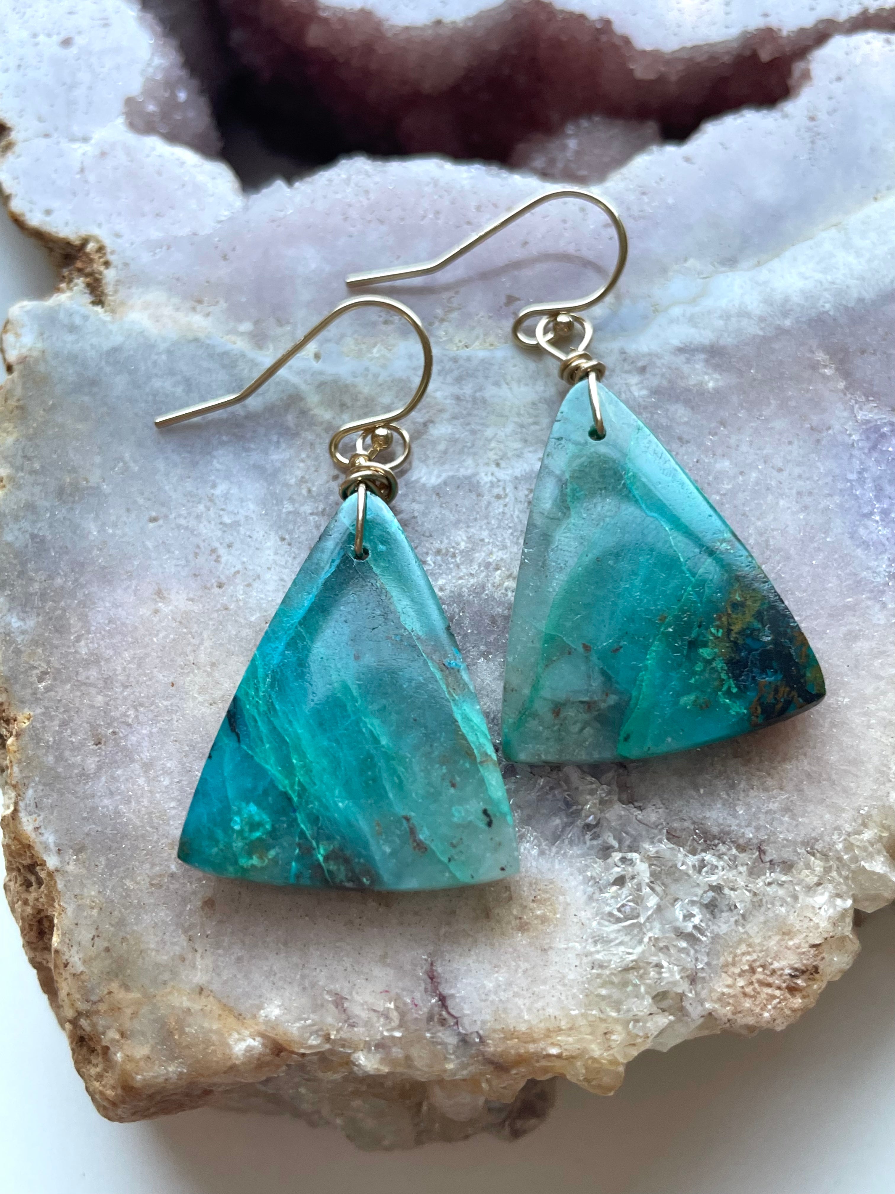 Large Chrysocolla Gold Filled Statement Crystal Gemstone Earrings for Women - Elegant Boho Jewelry for Parties, Weddings & Special Occasions