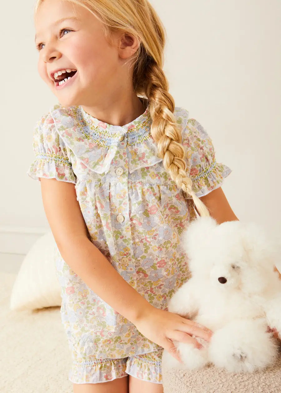 Clara Floral Ruffle Collar Short Sleeve Pajamas for Girls - Green Cotton Sleepwear (18 Months to 10 Years) | Comfortable Nightwear for Bedtime & Sleepovers