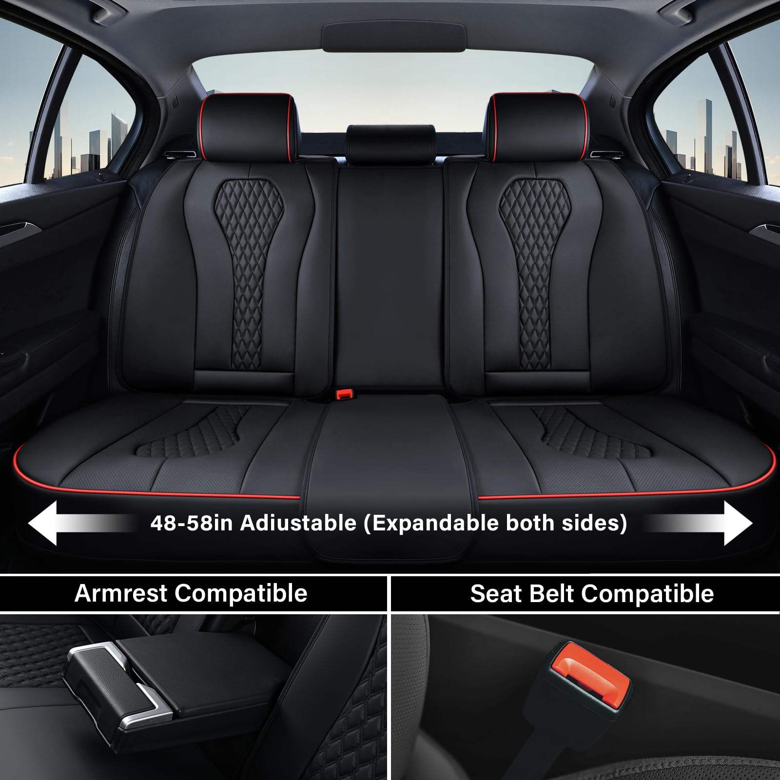 Universal Waterproof Car Seat Covers Full Set - Black with Red Stitching | Front & Back Seat Protectors for Most Vehicles | Perfect for Pets, Kids & Daily Commute