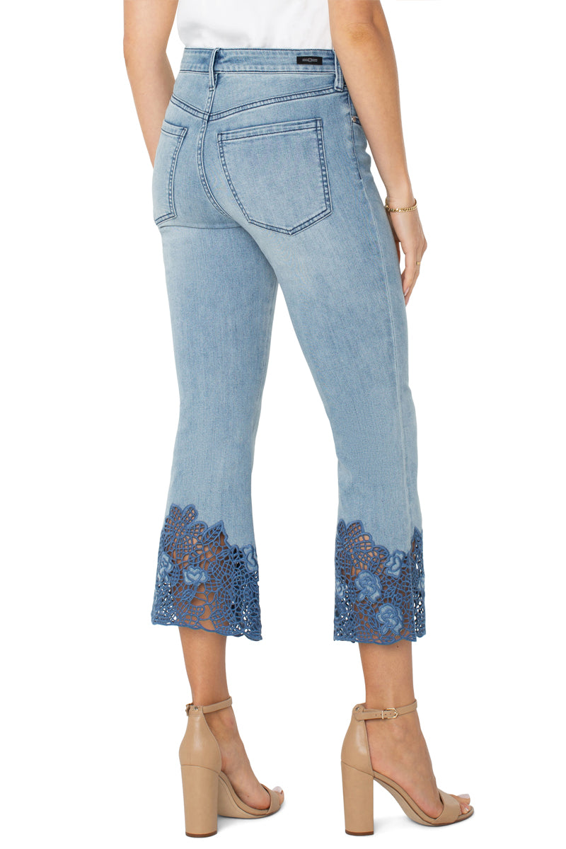 Liverpool Hannah Crop Flare Jeans with Crochet Hem - Women's High Waisted Vintage Denim Pants for Casual Outfits & Boho Style