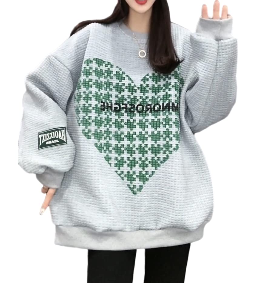 2022 New Women's Oversized Waffle Knit Pullover Sweatshirt - Heart Print Puzzle Design Long Sleeve Casual Top for Fall | Perfect for Coffee Dates, Weekend Lounging & Autumn Layering