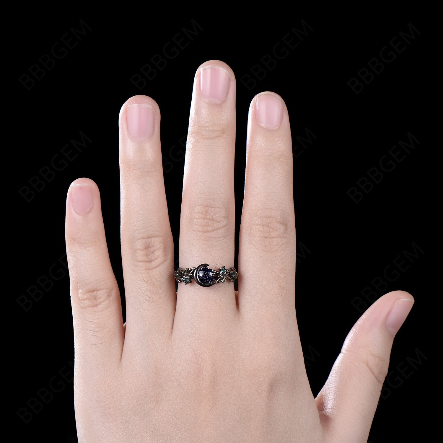 Celestial Moon Blue Goldstone Ring - Unique Black Gold Starry Sky Sandstone Ring, Nature Inspired Leaf Emerald Wedding Band, Witchy Jewelry Gift for Women (Perfect for Boho, Gothic & Spiritual Occasions)