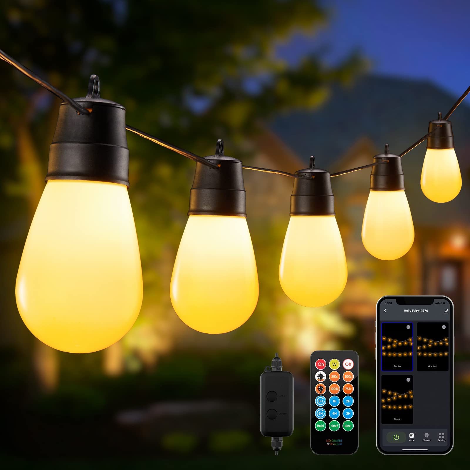 Brightown 58FT Smart Outdoor String Lights - App Controlled Waterproof LED Patio Lights with 3 Scene Modes, 30 Shatterproof Bulbs for Backyard, Bistro, Party & Garden Decor | Perfect for Weddings, BBQ Nights & Outdoor Dining